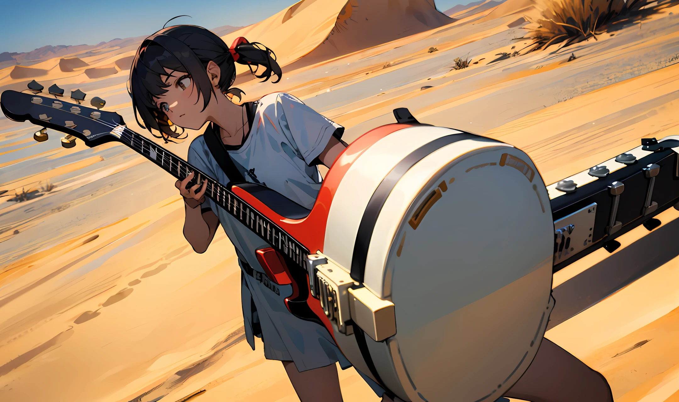 Menina tocando guitarra no deserto