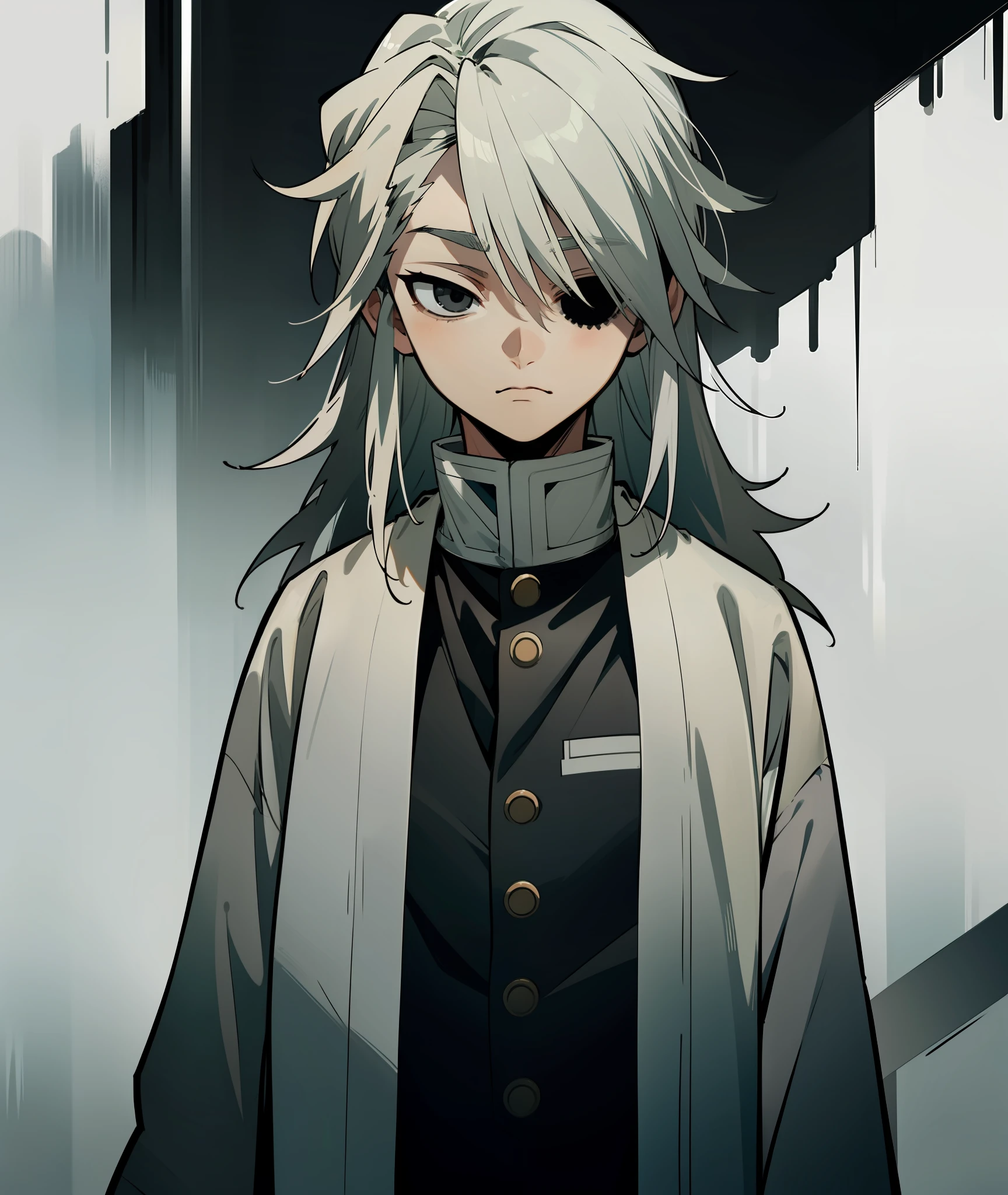 1boy, grey hair, long hair, black eyes, grey haori, calm, tired, tall, grey clothes, face shot, face, sharp eyes, black eyes, missing left eye, left eye covered, missing left eye, demon slayer uniform