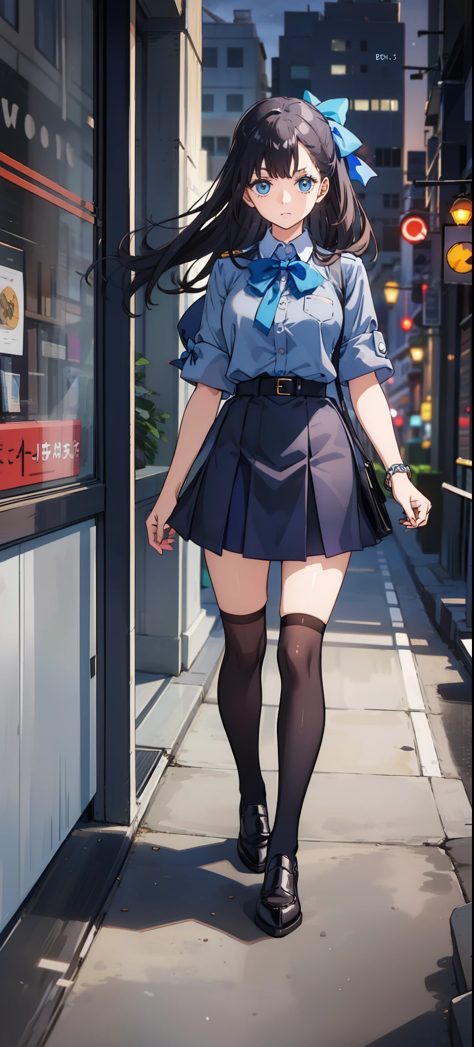 She wears a dark blue and gray uniform that resembles a high school girl，A blue ribbon bow is tied around the neckline，Wear black mid-tube socks on your legs，Wear brown round scalp shoes on your feet，cabelos preto e longos，blue color eyes，Oriented towards the city，eventide，Gradient purple sky，4k，Extreme，illustration