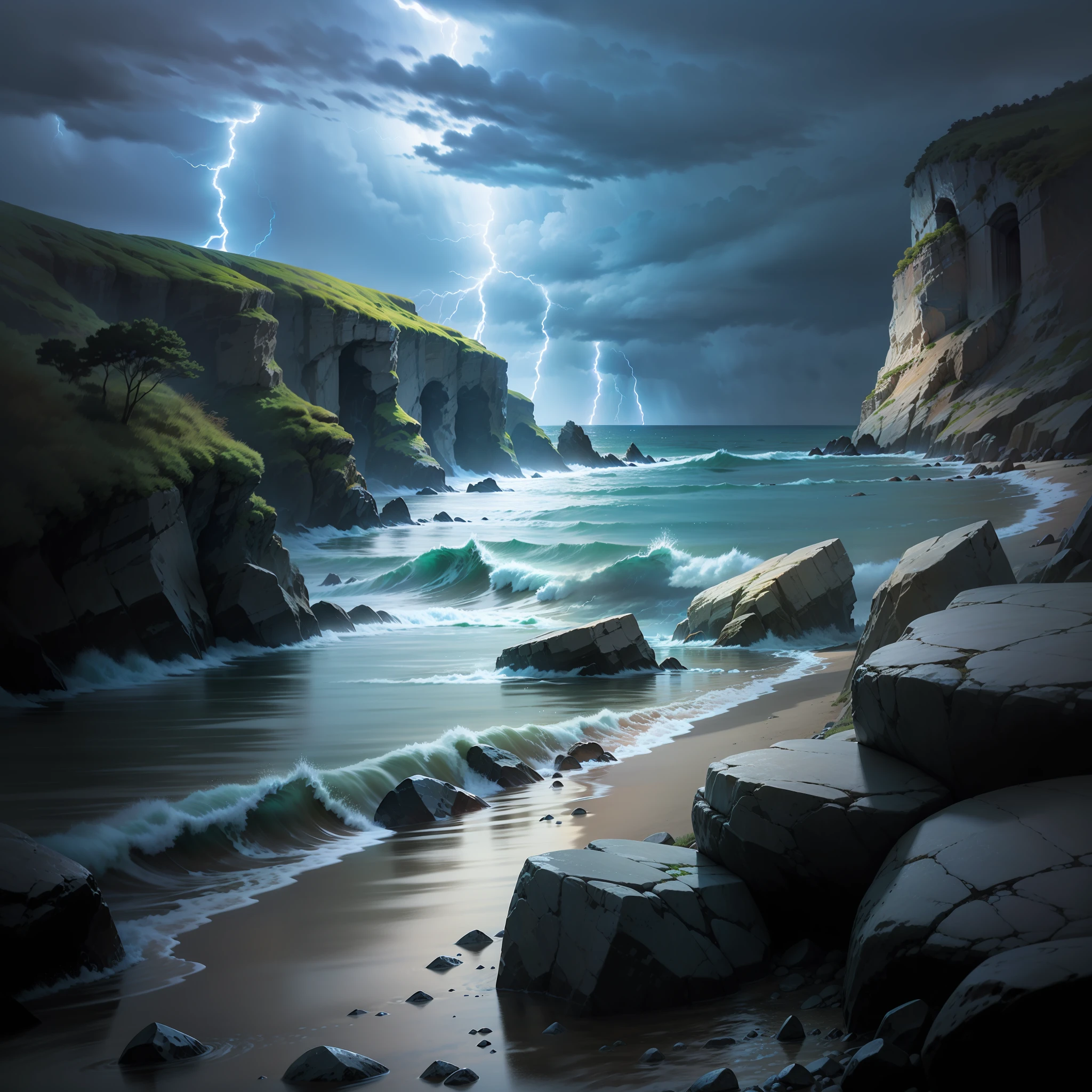 Seaside with black rocks in a thunderstorm with lightning and high tide on a stormy night