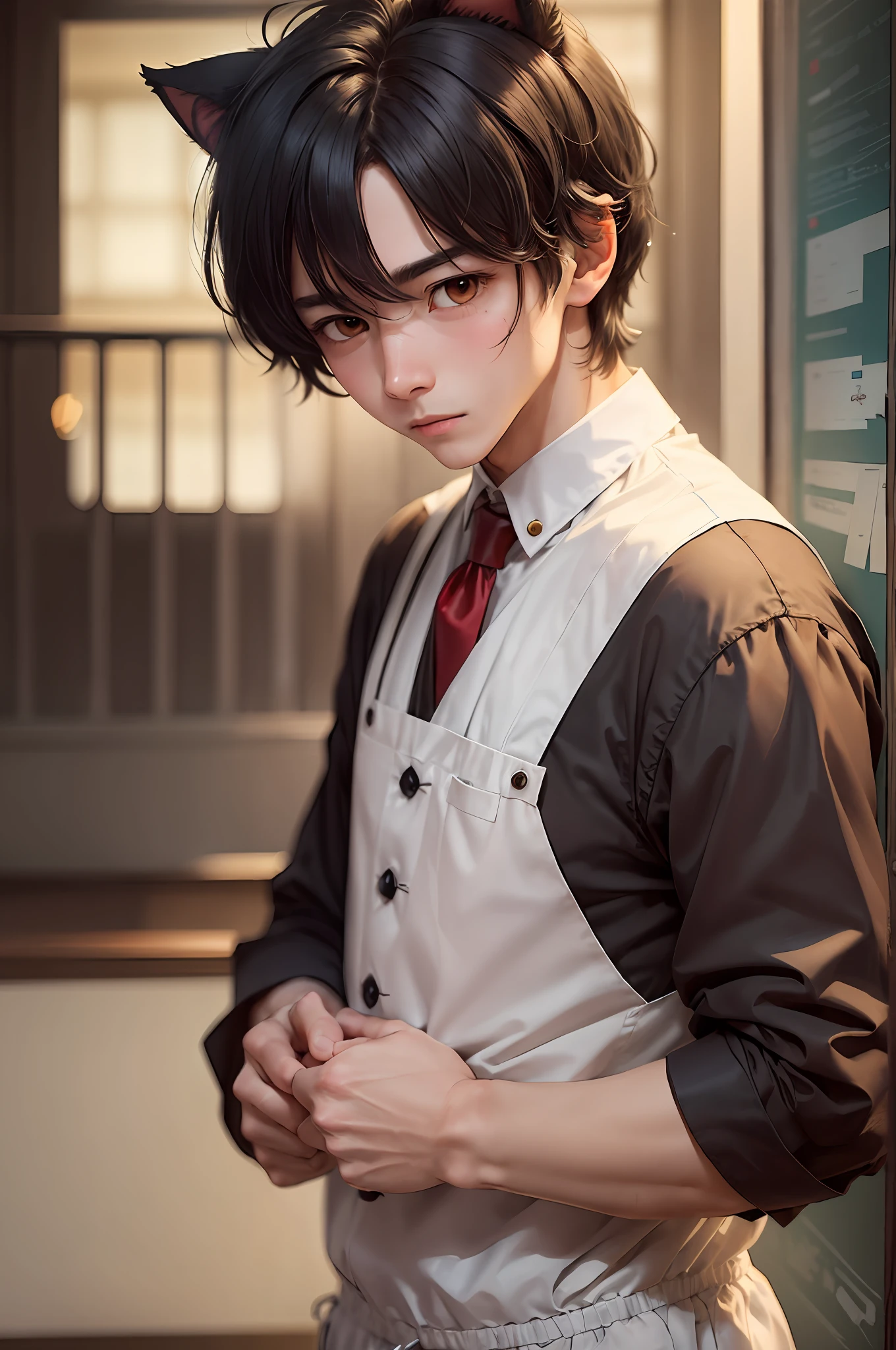 A shy boy，Wearing a maid outfit，In his mature masculinity，Black hair and brown-red eyes twinkle。He carries a pair of cat ears，Exudes a gentle and moving atmosphere。