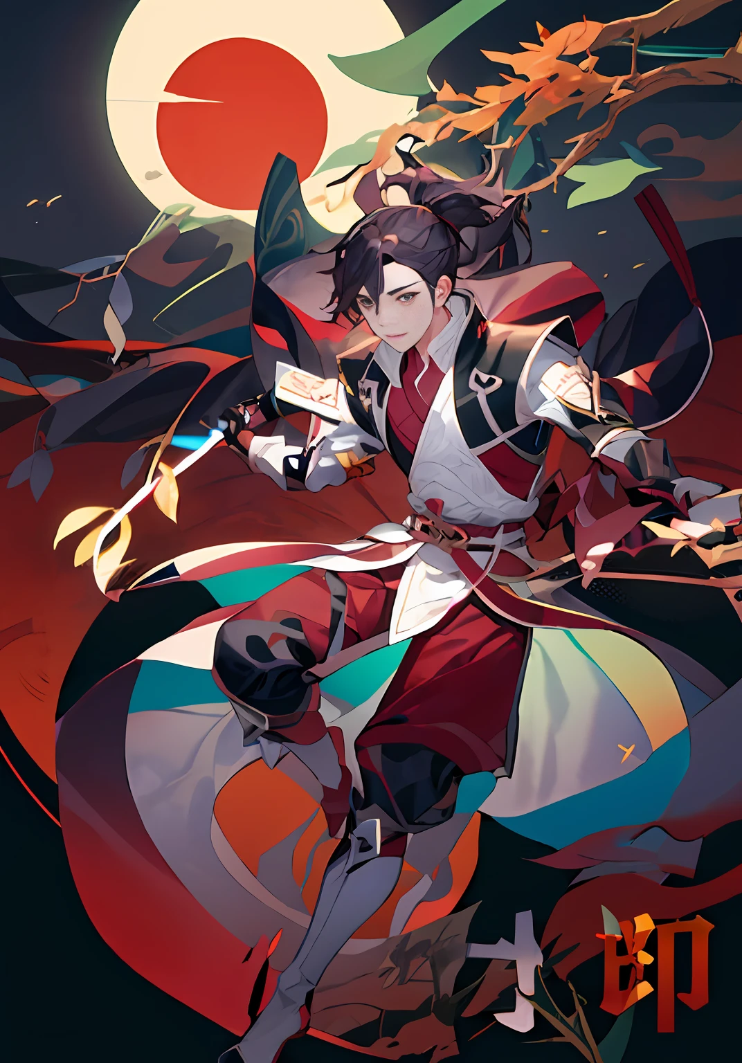 Anime male characters dressed in red holding swords before the full moon, full-body wuxia, Inspired by Huang Shen, heise jinyao, Inspired by Seki Dosheng, inspired by Wuzhun Shifan, Inspired by Cao Zhibai, Inspired by Shen Zhou, Inspired by Zhao Yuan, inspired by Shen Quan, inspired by Zhao Mengfu