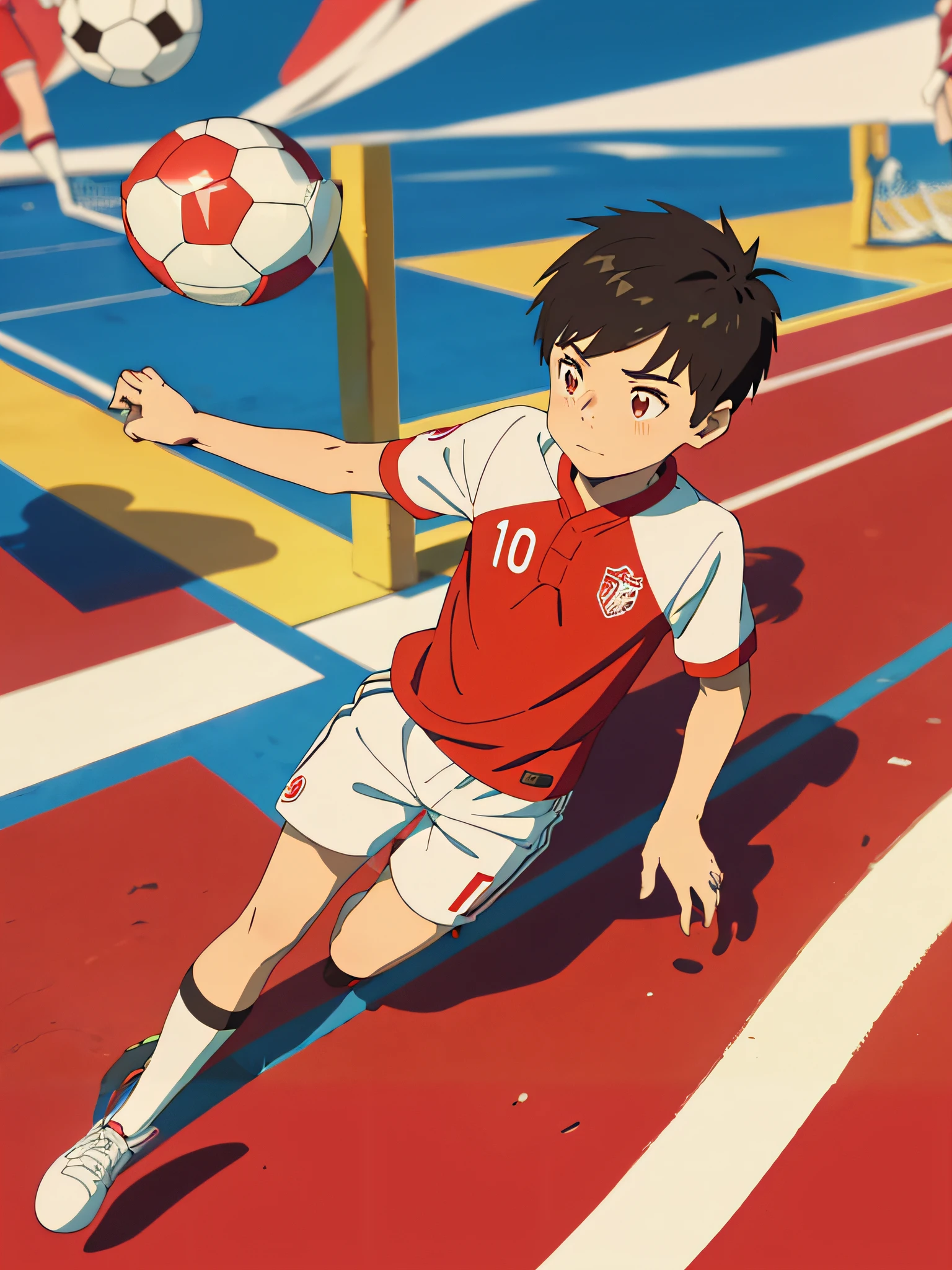 anime boy in red and white uniform kicking a soccer ball, official anime still, Official anime artwork, kentaro miura art style, style of kentaro miura, official studio anime still, offcial art, Today's featured anime stills, an epic anime of tuff luck, in the anime film, mamoru hosoda