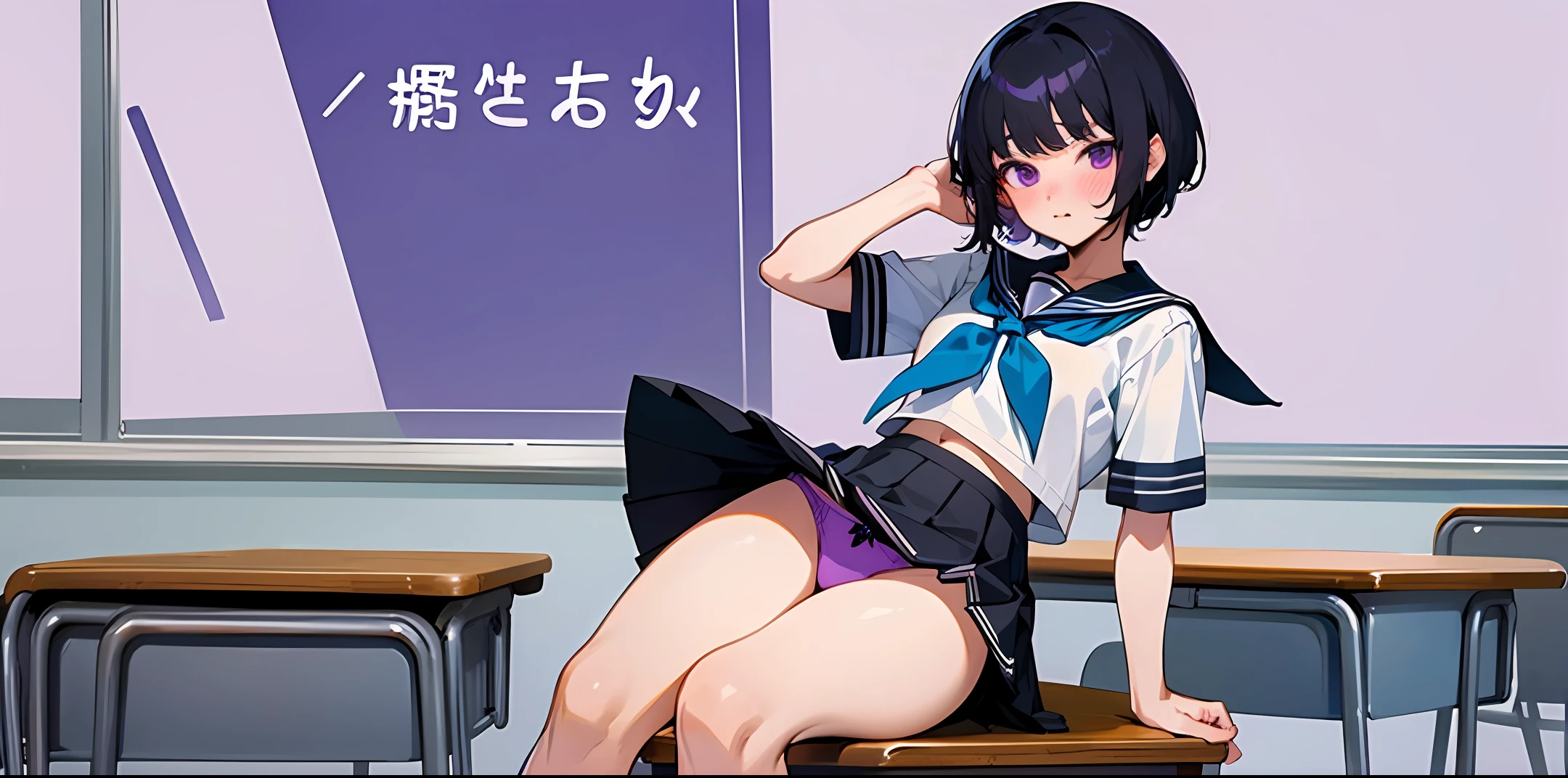 (名傌), (((Best Quality)), (Super Detail), 1 Girl, Black Hair Short Hair, School, Classroom, Open Legs on Desk, Purple Panties, Pubic Hair, Purple Eyes, , Skinny Legs, School Uniform, Skirt, Socks, Serafk, Neckerchief, Sailor Collar, Pleated Skirt, White Socks, Black Skirt, Short Sleeves, Shirt, White Shirt, Black Sailor Color, Blue neckerchief, blush, bangs, small breasts, perfect hands, hand detail, fixed fingers, looking_al_Viewer, top quality, rich detail, perfect image quality,