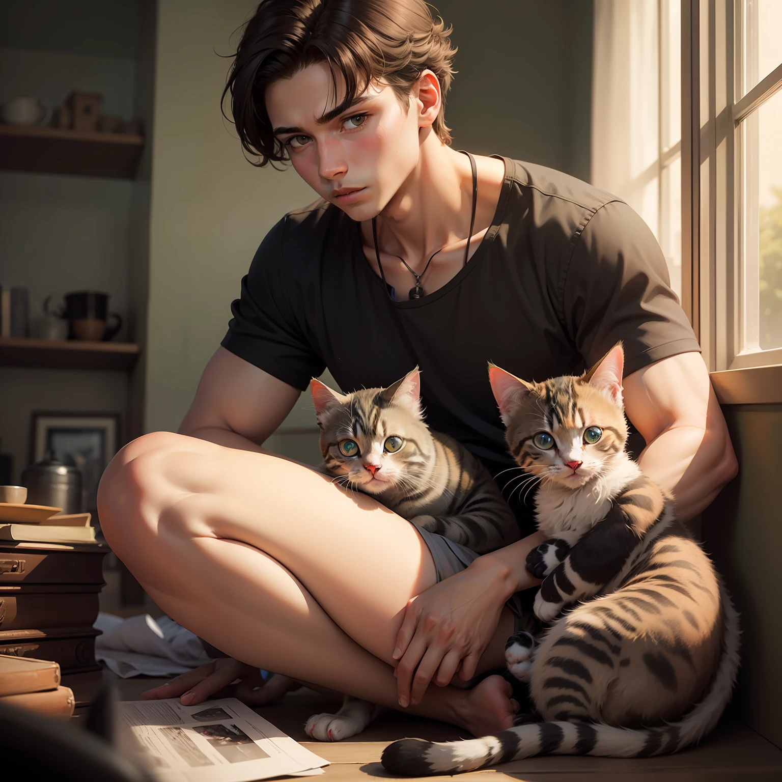 A young man,On his shoulder lies a kitten --auto