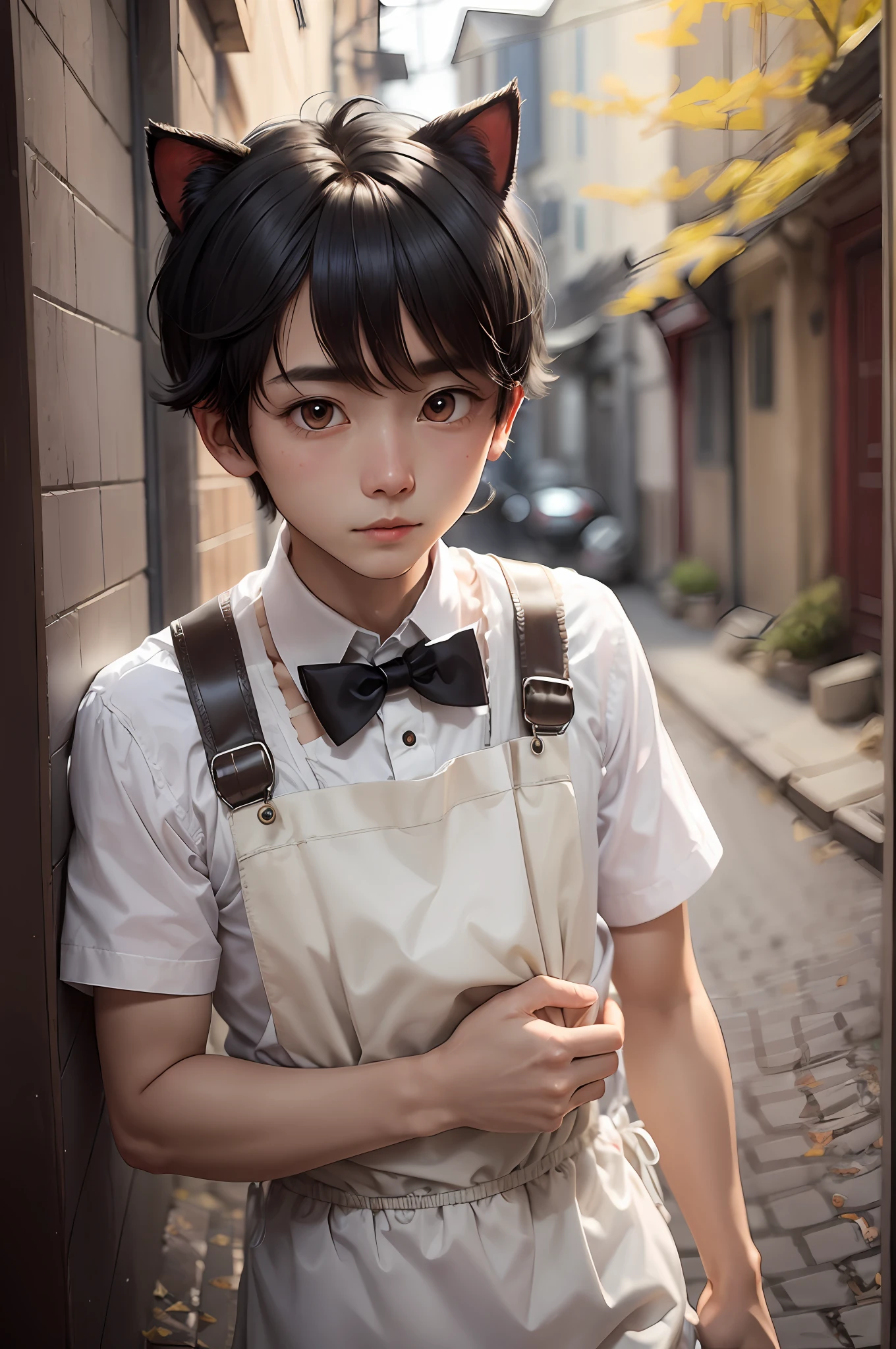 A shy boy，Wearing a maid outfit，In his mature masculinity，Black hair and brown-red eyes twinkle。He carries a pair of cat ears，Exudes a gentle and moving atmosphere。