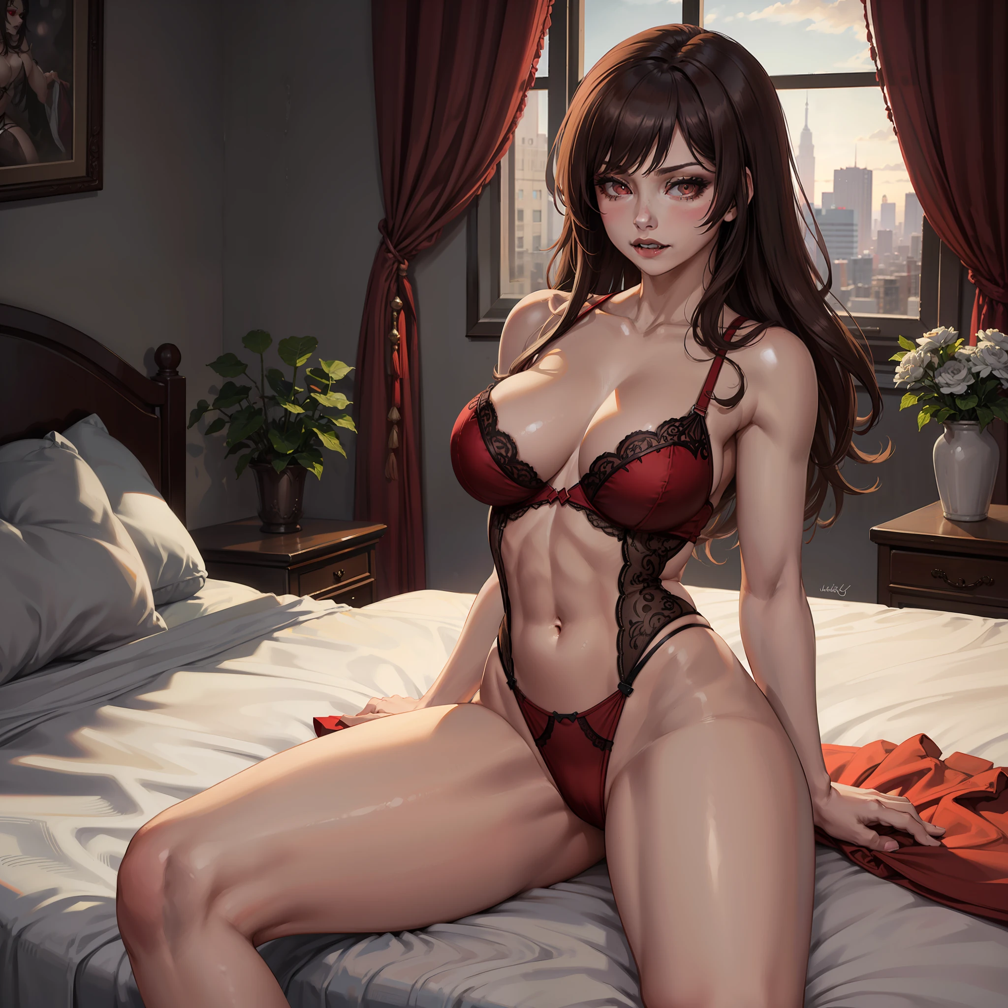 (8k, RAW photo, realistic, photo-realistic, hyper-realistic, highest quality, best quality, masterpiece, highly detailed, absurdres:1.2), 1girl, solo, vampire, goth, fantasy, delicate features, red and brown hair, bangs, red highlights, red eyes, showing fangs, ((sitting down on bed)), ((open your legs)), wearing red tight lingerie and panties, blushing (large breasts:1.2), pale ivory white skin, (ultra-detailed 16k skin texture with slight imperfections:1.2), (edgy background:1), ultra-sharp focus, great lighting, very detailed, anime girl, vampire queen, sharp details