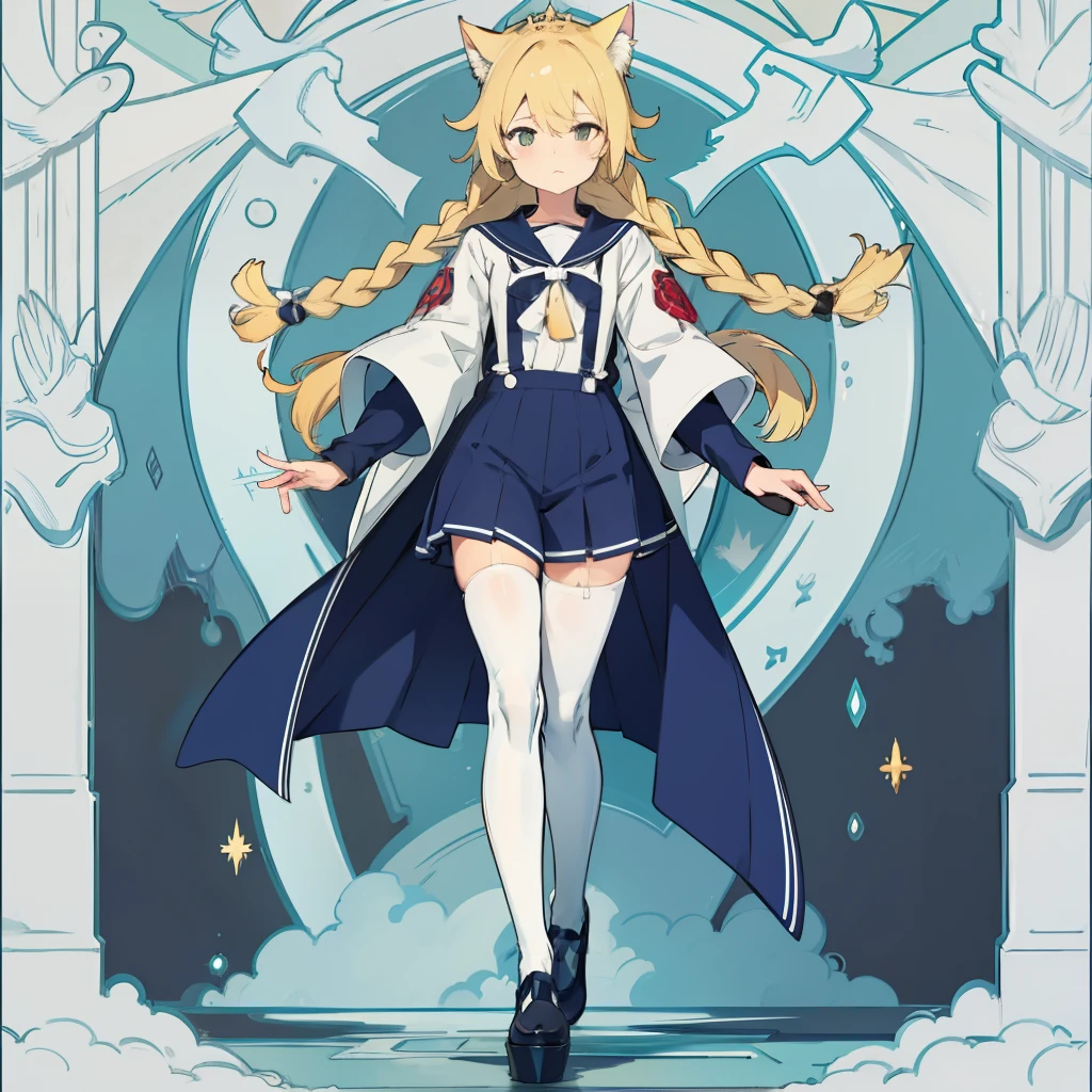 Blonde hair, Long hair with shawl and double long braids, anime illustrated, high qulity, JK sailor suit, Two-dimensional, Novel illustration, White suspender stockings, Beast-eared maiden, A princess, Stand upright, Full body photo, hyper HD, retinas, Masterpiece, ccurate, Anatomically correct, High details, Best quality, High quality, 8K,Long legs,cat ear,face expressionless,largeeyes