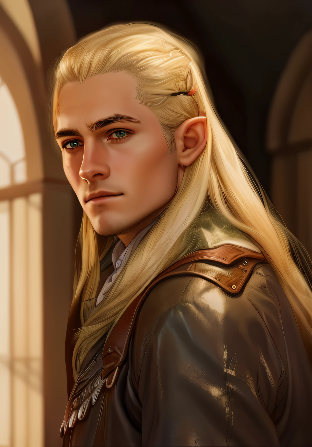 a close up of a person with long hair and a leather jacket, legolas, legolas as an elf ranger, a portrait of a male elf, 《lord of the ring》in Legolas, portrait of fin wildcloak, Side portrait of elven royalty, Beautiful male elf, elvish blonde male warrior, similar to legolas, orlando bloom as legolas