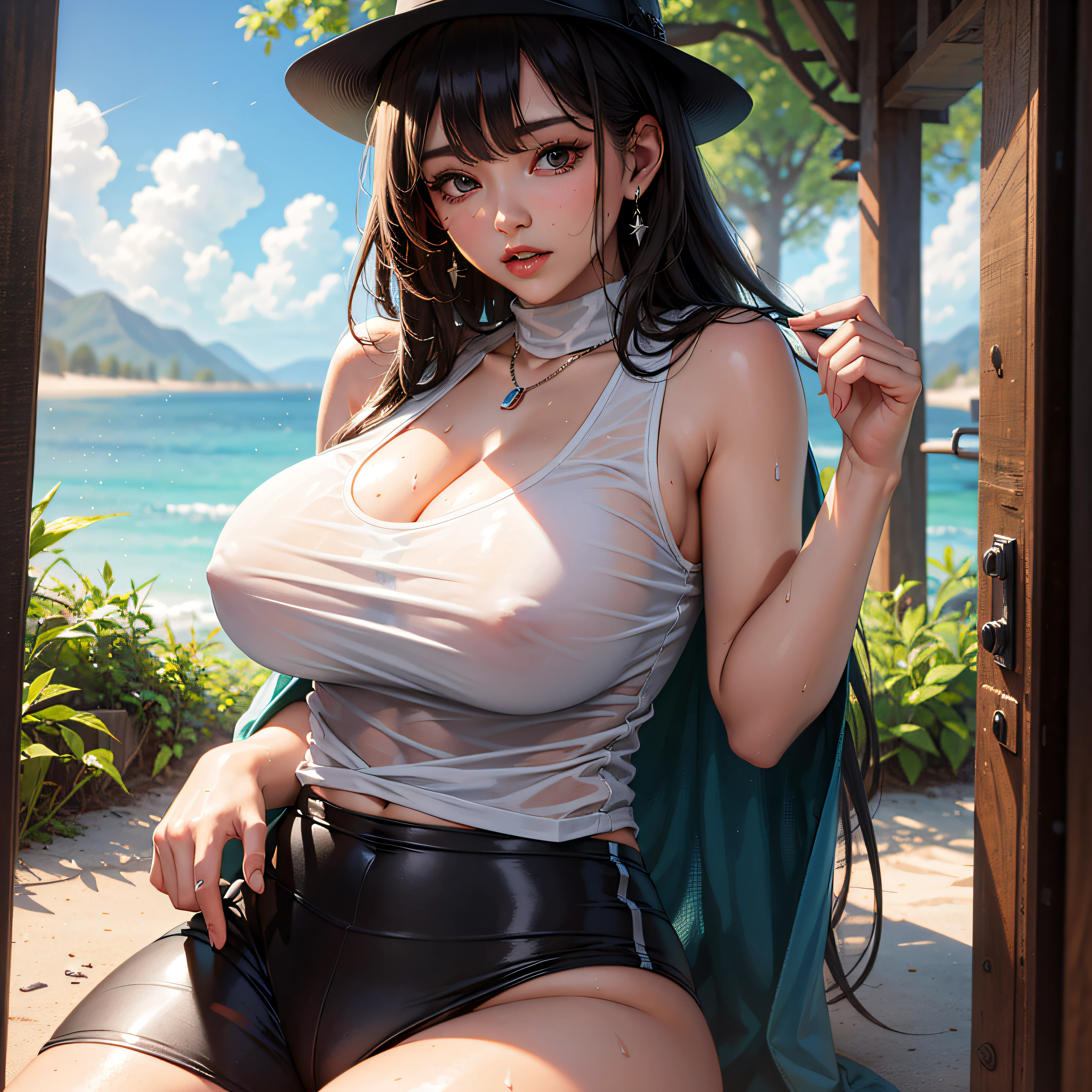 a pregirl，18yr old，huge tit，black shirt，Leaning against the bridge，looks at the landscape --auto