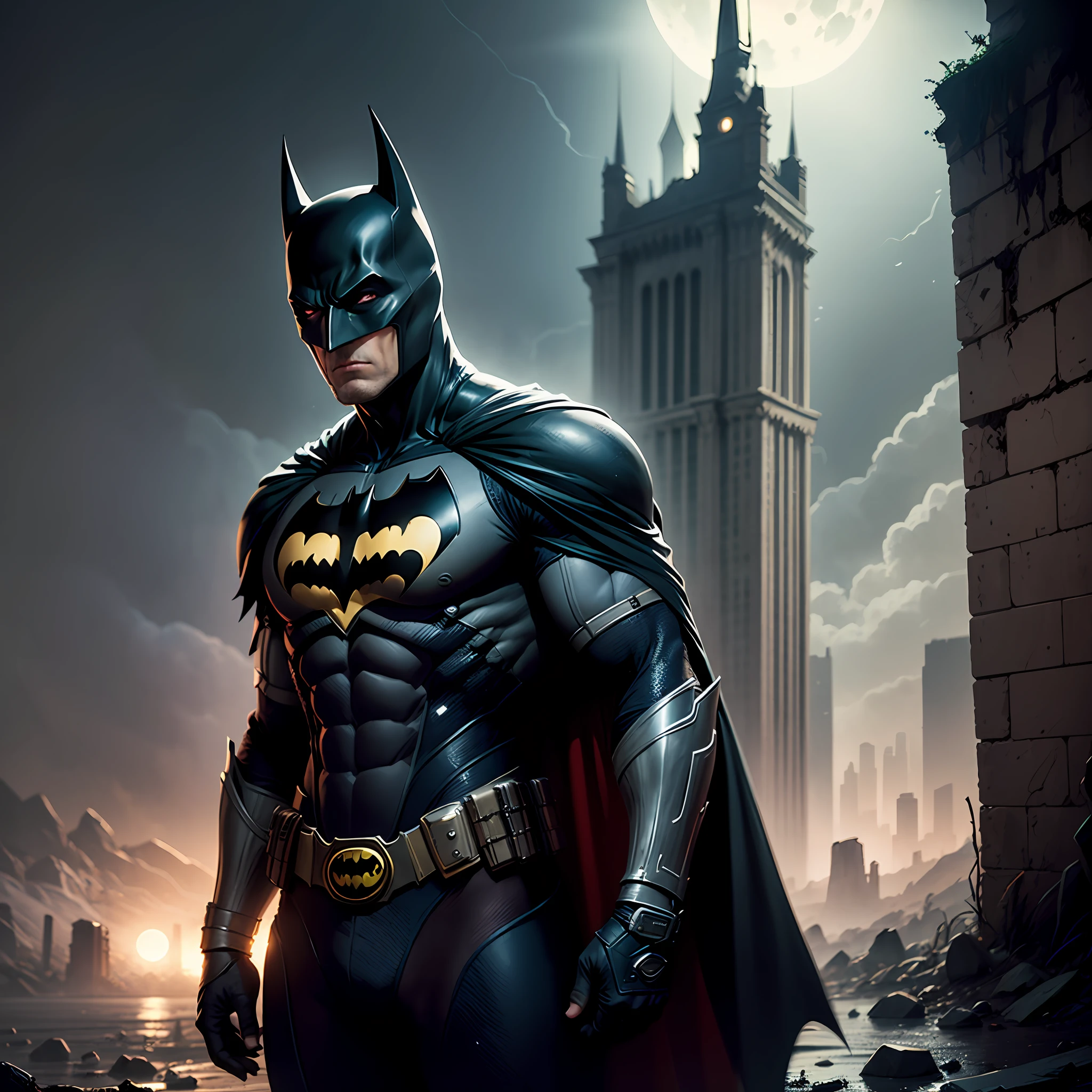 Batman from the dark knight stands imposing in a gothic lost city. Moonlight highlights your muscles and scars. The scenery is lush and mysterious, with futuristic tech and surroundings. The camera details everything, a warrior woman, in front of him. --auto