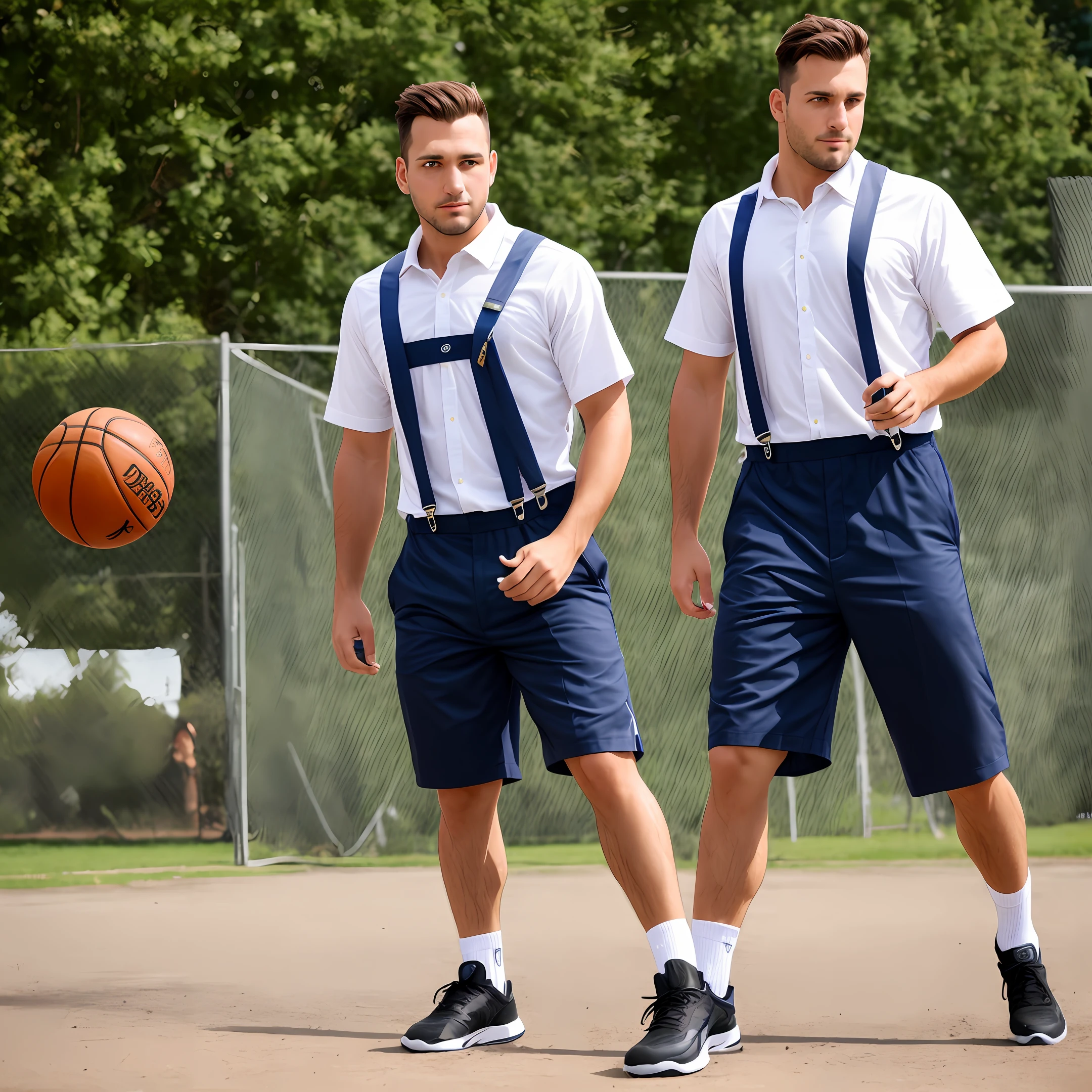 male people,Split head,Suspenders,With a basketball in his hand,Feet are chicken feet