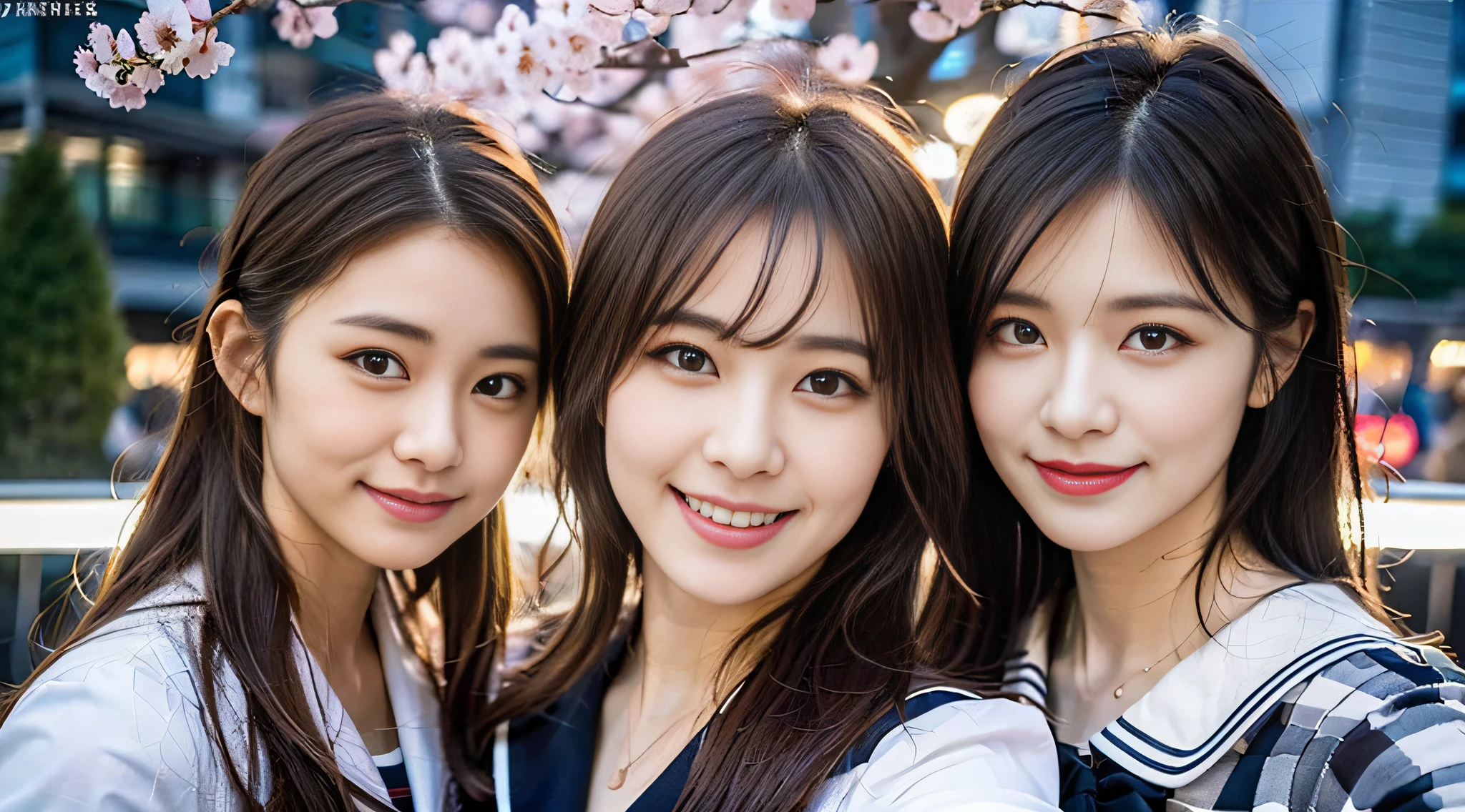 (8K,Raw photo、Raw photo、finely best quality、Master masterpiece:1.2)、ultra-detailliert、Super Resolution、(Hphotorealistic:1.5)、high resolution RAW color photos、professional photograpy、indirect lighting、Female proofreading of Japan from head to waist、Blur the background、（Very beautiful and detailed night cherry blossom trees 1:1.37）((Beautiful night with a cherry blossom blizzard))、fullmoon、Very detailed and beautiful、Ultra-high image quality、Half-up hairstyle、Bun hair、poneyTail、High school girl in sailor suit、（Puffy cheeks）Detailed uniforms、Each face has its own distinctive features、Different face patterns、Farbe々Hairstyle、Brown hair fluttering in the night breeze、Hair swaying and sexy、Very detailed beautiful girl、（Pink Eye Shadow）、Red tie、Smiling smile、Pointing at the camera、Pointing