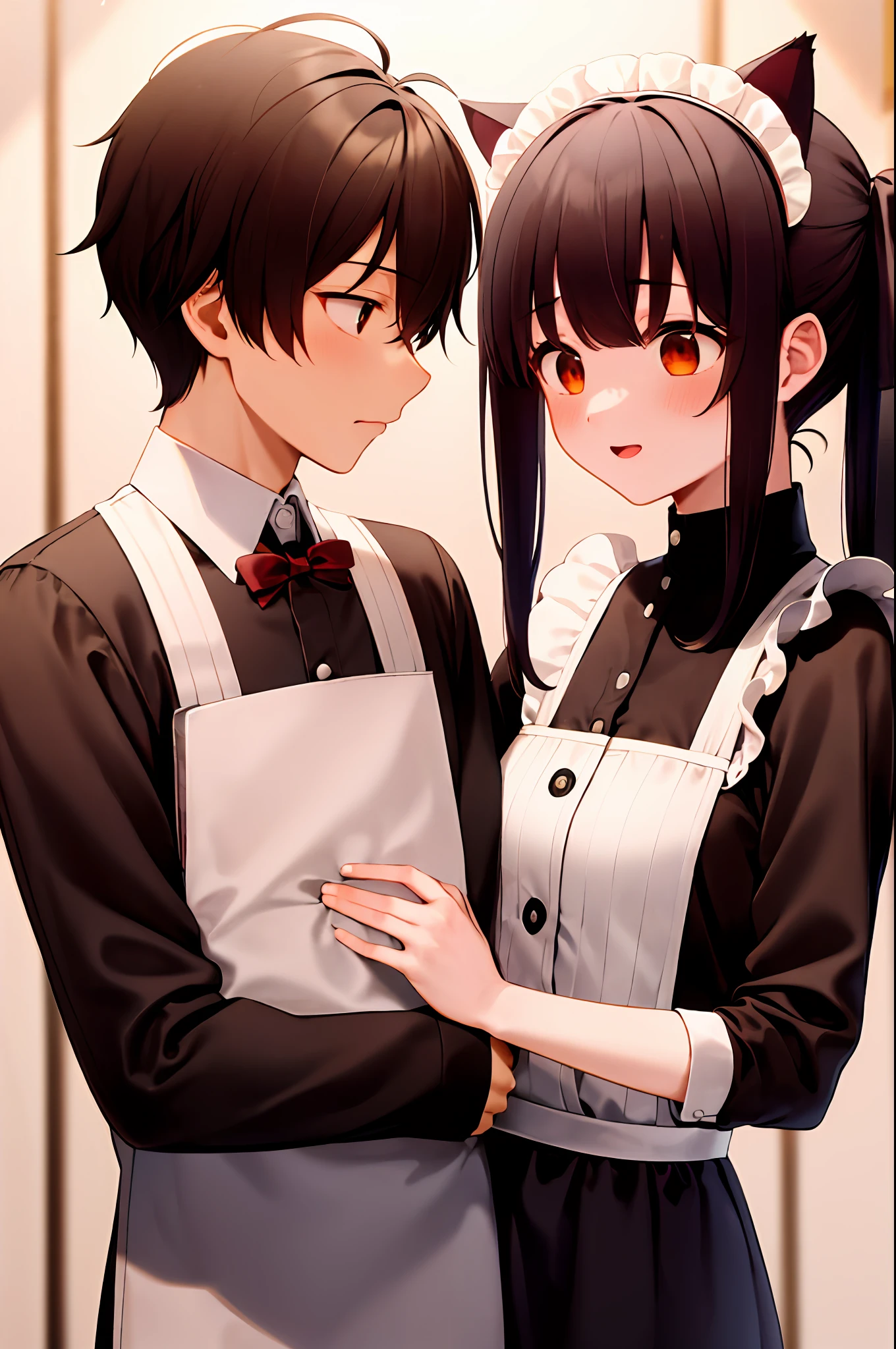 A shy boy，Wearing a maid outfit，In his mature masculinity，Black hair and brown-red eyes twinkle。He carries a pair of cat ears，Exudes a gentle and moving atmosphere。