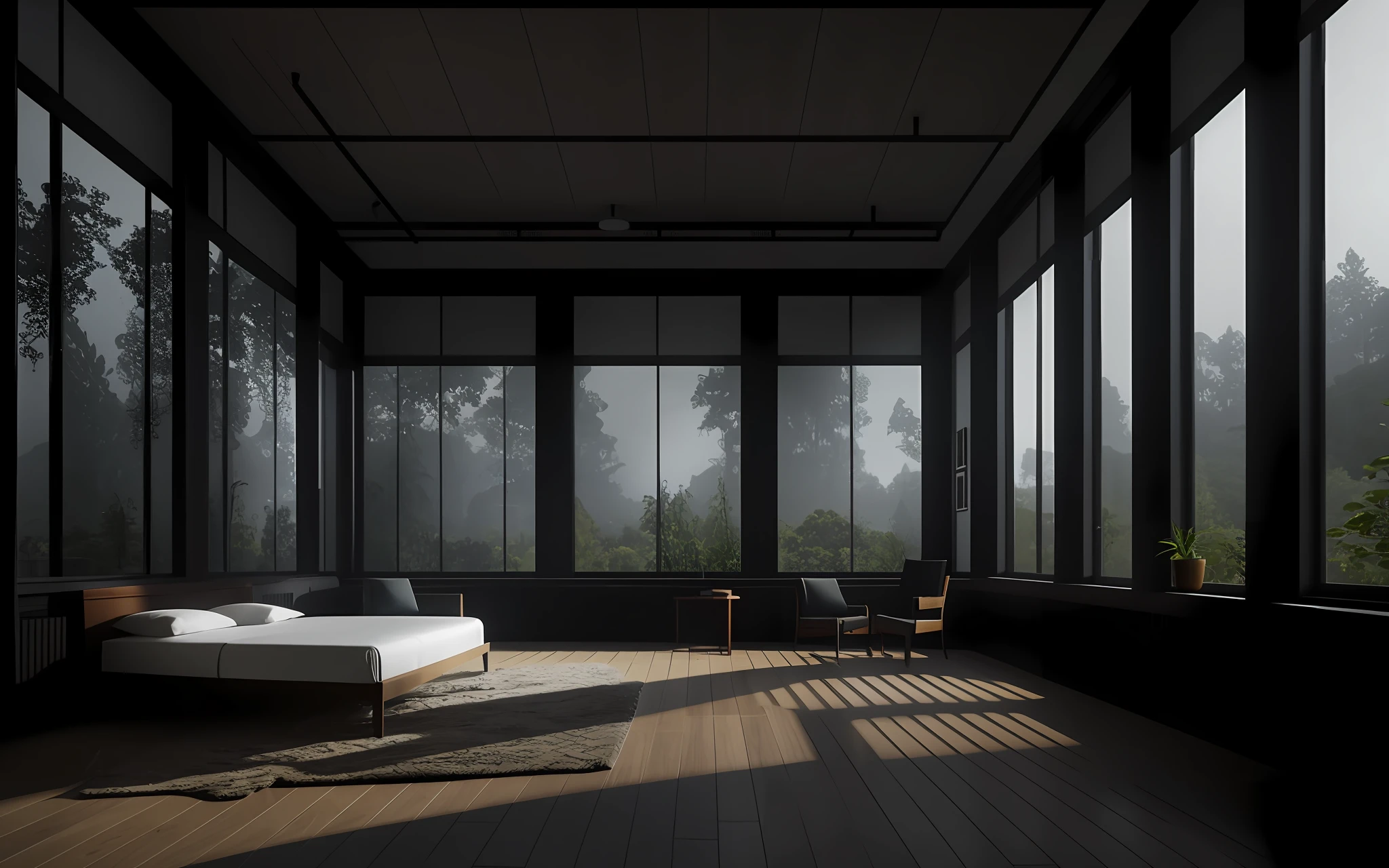 Outside the window it was a gloomy rainstorm day,The overall tone is dark,Allafed Room,Features a bed and a large window overlooking the forest, large windows to forest at night, foggy room, Rendered in V-Ray, rendered in vray, atmospheric render, Rendered in Lumion Pro, Dark bedroom, rendered in unreal engine 4 k hq, rendered in unreal engine 4k hq, inspired by Gregory Crewdson, vray rendered