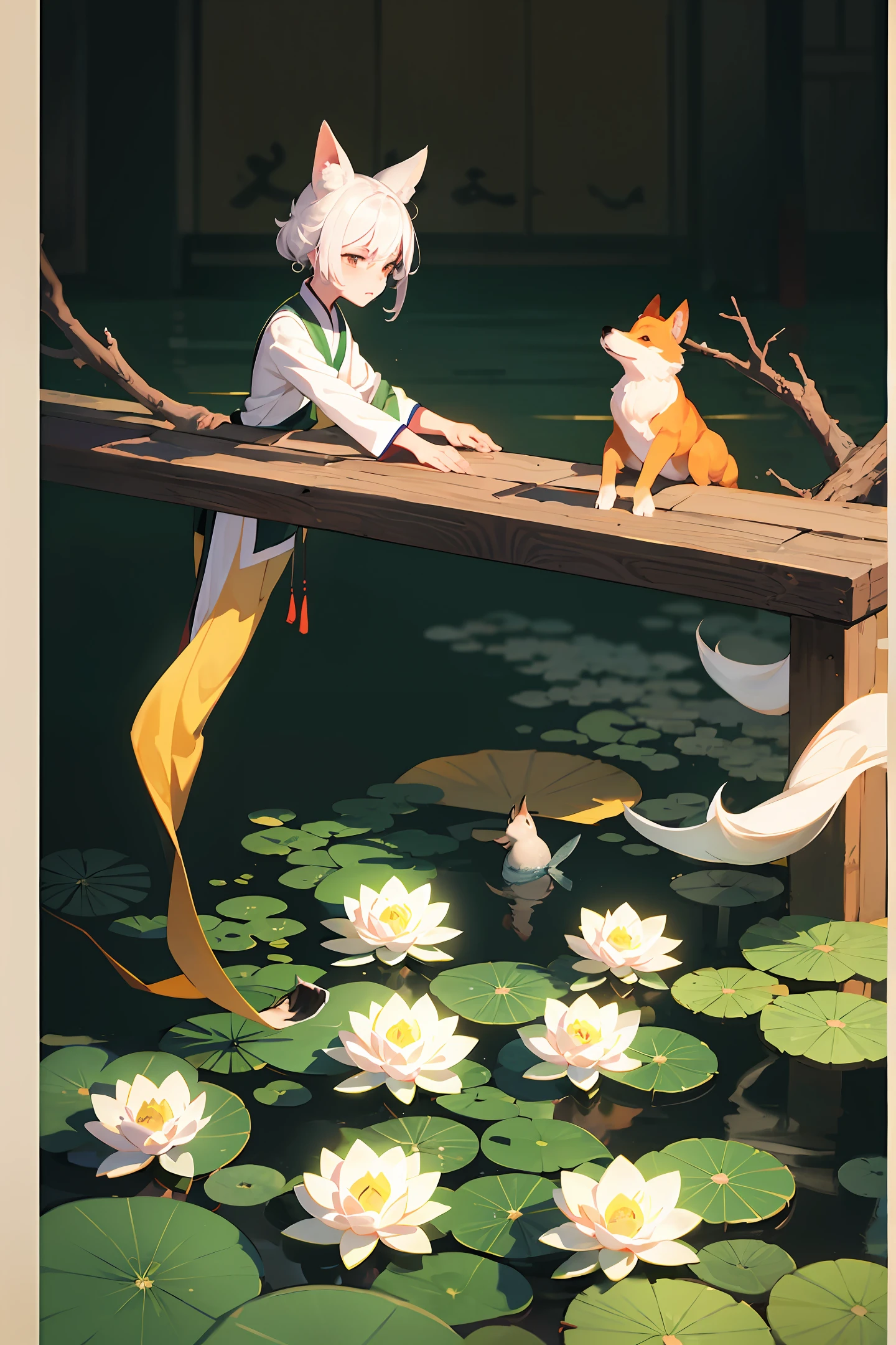 ((4k,masterpiece,best quality)), shuimobysim, Traditional chinese painting, lotuses, Hanfu, maxiskit, conservativelydressed ,1 boy, 独奏, White hair, fox ear, white colors, The fish, lots of fish near the boy, Just look at the audience,Tease oneeshota,