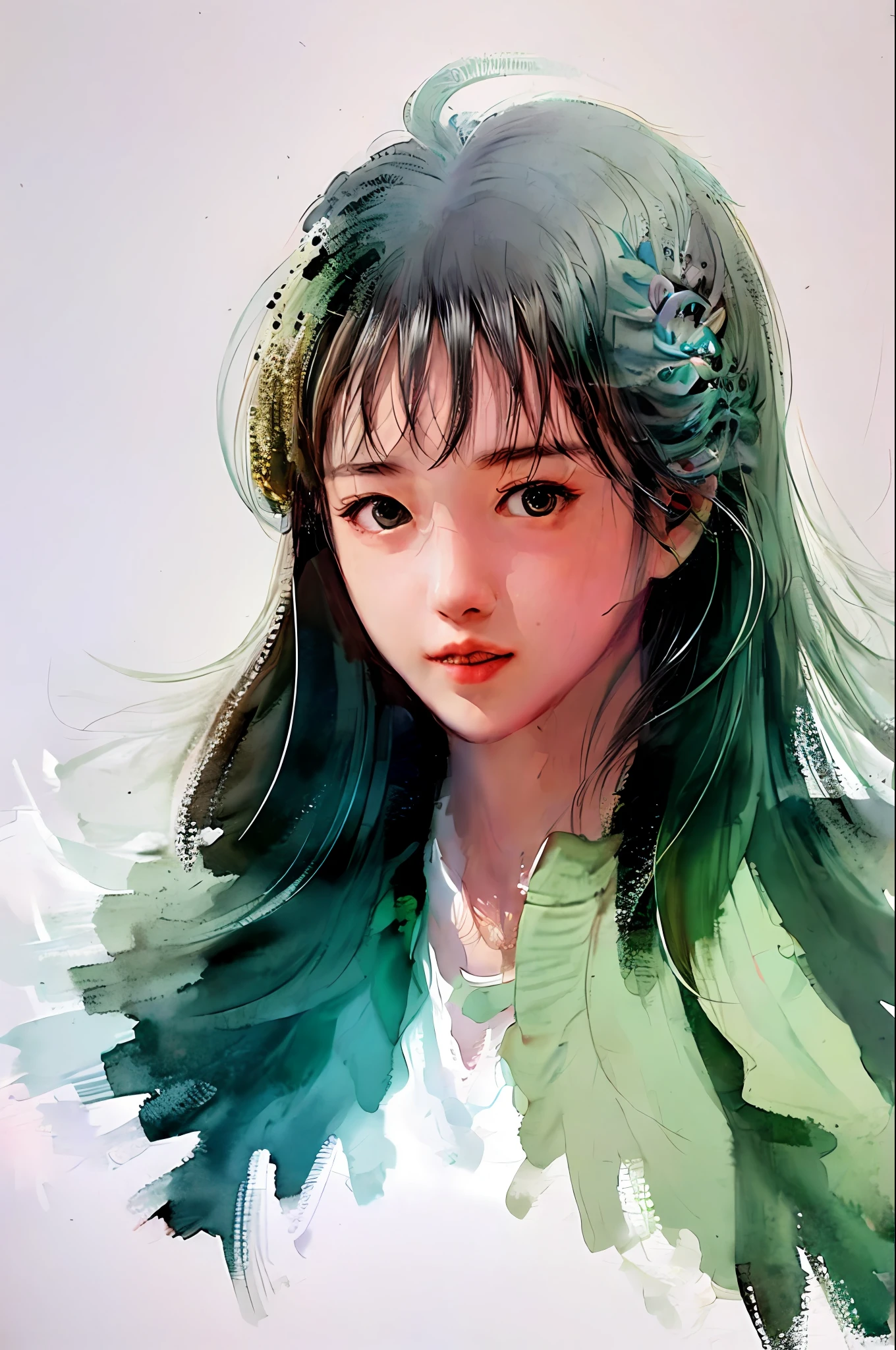 (((1 girl))),(the Extremely Detailed CG Unity 8K Wallpapers:1.1 ), (a color:0.9),(in a panoramic view:1.4),(A half body:1.05),(solo person:1.2),(Splash ink),(Splash color),((aquarelle)),Clear and sharp,((Chinese style )),(Flowers),(woods),(Rochas),Outdoors,mont,ocean water,Look at the viewer,make happy expressions,Soft smile,chaste,BeautyFull detailed face and eyes,BeautyFull intricate garment pattern details,Black hair,Black eyes,Colorwater,