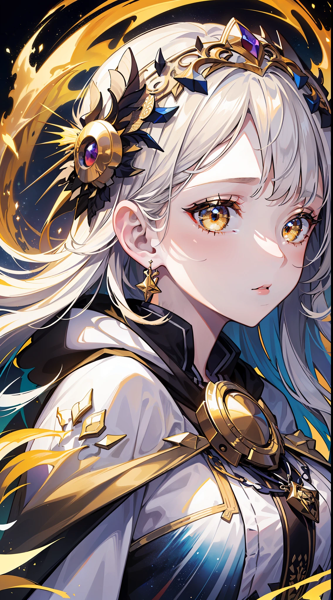 (masterpiece, top quality, best quality, official art, beautiful and aesthetic:1.2), (1girl), extreme detailed, (fractal art:1.3), colorful, highest detailed, perfect face, upper body, HDR, (praying:1.3), (white cloak golden lines:1.2), galaxy, (light streaks), striking visuals, (dynamic streaks, luminous trails:1.2), vibrant colors,