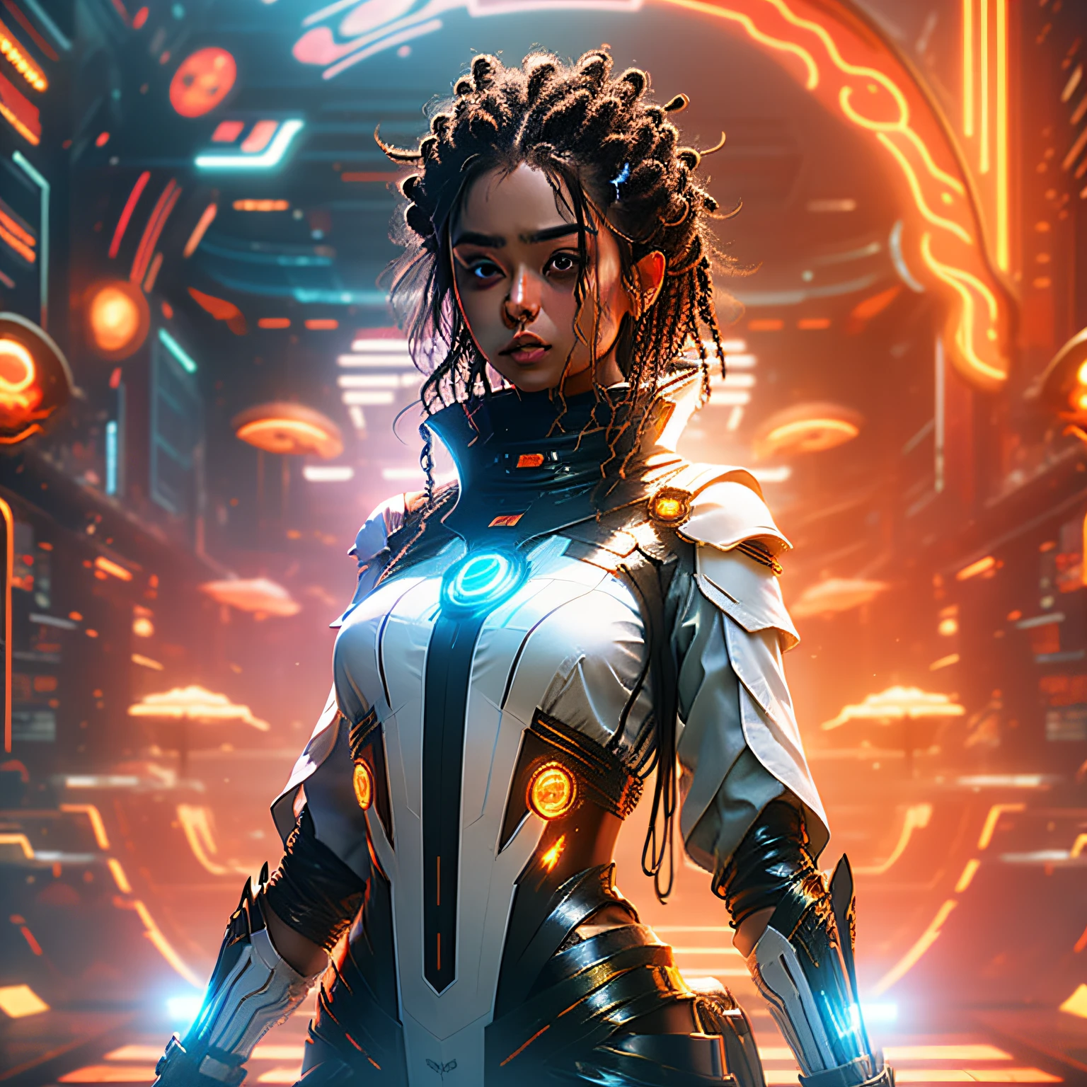 Uma Sedutora Futurista Perto da Coroa do Sol" Uma imagem de uma sedutora futurista perto da coroa ardente de um sol, dressed in a seductive and technologically advanced costume. The scene evokes an intense and fiery sensuality in the midst of the cosmic spectacle.
