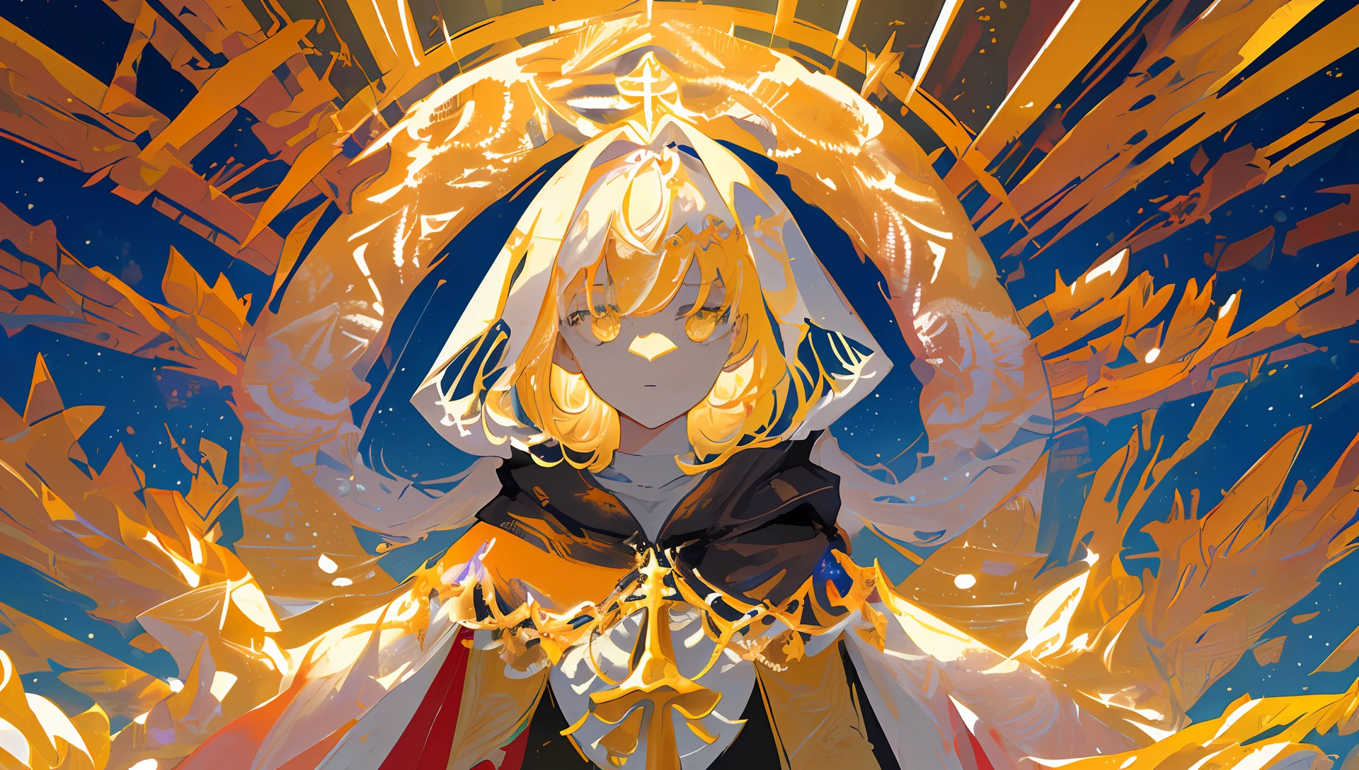 (masterpiece, top quality, best quality, official art, beautiful and aesthetic:1.2), (1girl), extreme detailed, (fractal art:1.3), colorful, highest detailed, perfect face, upper body, HDR, (praying:1.3), (white cloak golden lines:1.2), galaxy, (light streaks), striking visuals, (dynamic streaks, luminous trails:1.2), vibrant colors