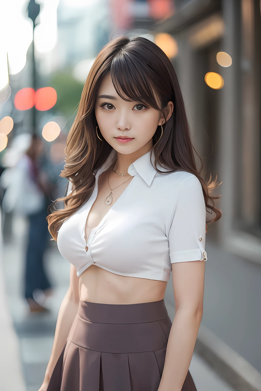 (k hd，Sharpness，Screen description)An Asian woman wearing a white shirt and skirt，Background bokeh，The light is gentle，(Angle description)，Bright eyes，Delicate hair accessories，(Shirt color+Skirt color:1.2)，The shirt is flowing，Sharply defined，The body is extremely plump，cleavage(Keyword description:1.1)。