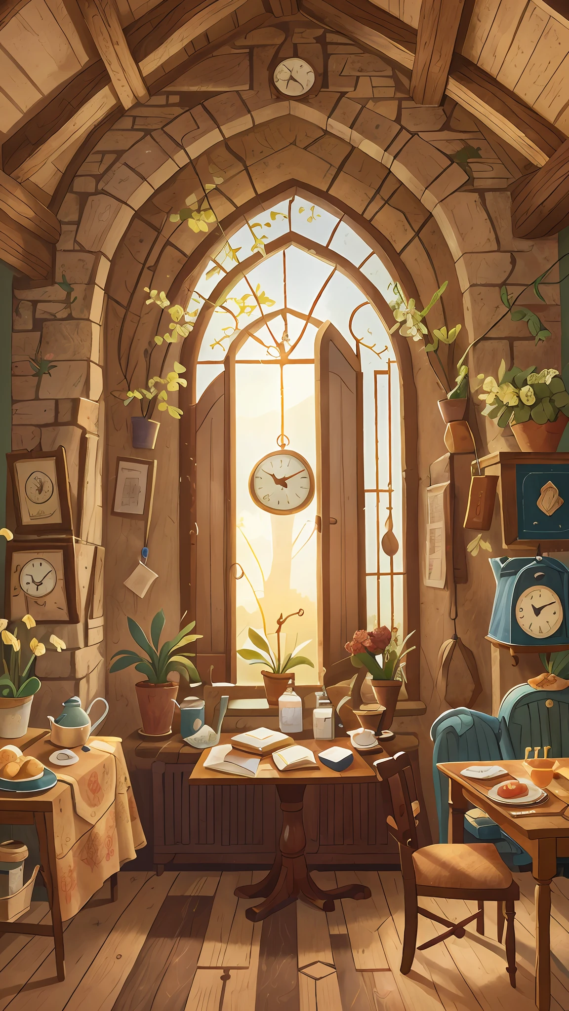 Room in medieval setting, showing window, table, crystal pan and a wall clock