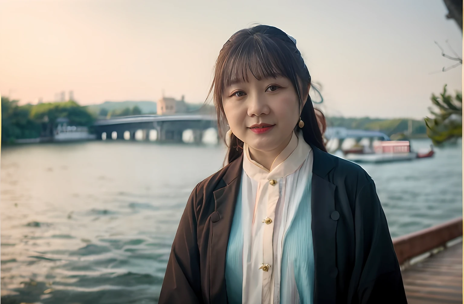 Arad woman standing by the lake，In the background is a bridge, Zhang Pengzhen, xintong chen, wenfei ye, author li zhang, Li Zixin, zhelong xu, Wang Qichao, xiaofan zhang, Zhang Wanting, xiaolong wang, chengyou liu, Qiu Fang, xue han, wenjun lin