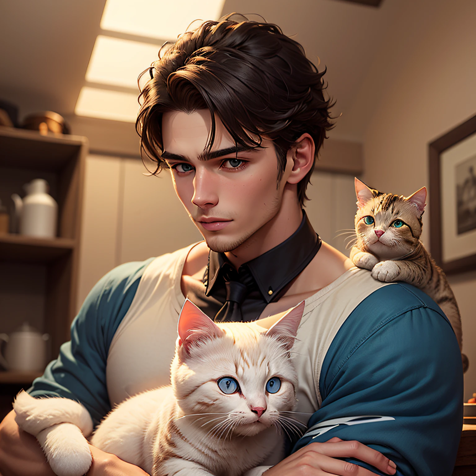 A handsome young man,On his shoulder lies a small milk cat,Indoors --auto