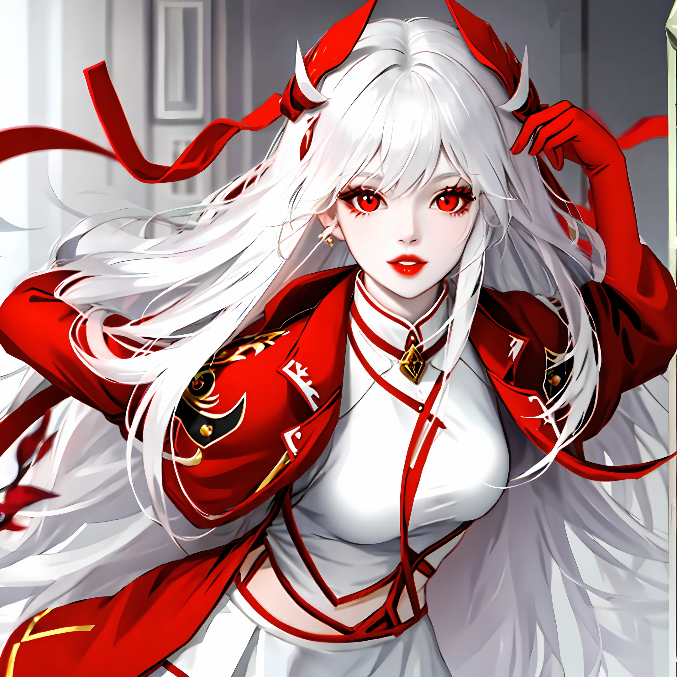 White hair, white skin, red eyes, red coat, white short skirt