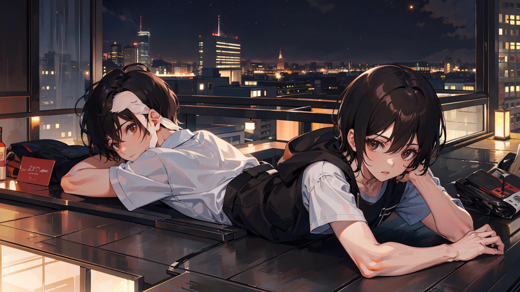 Short black haired boy,Brown eyes,Lying on the rooftop,Sniping,nighttime scene