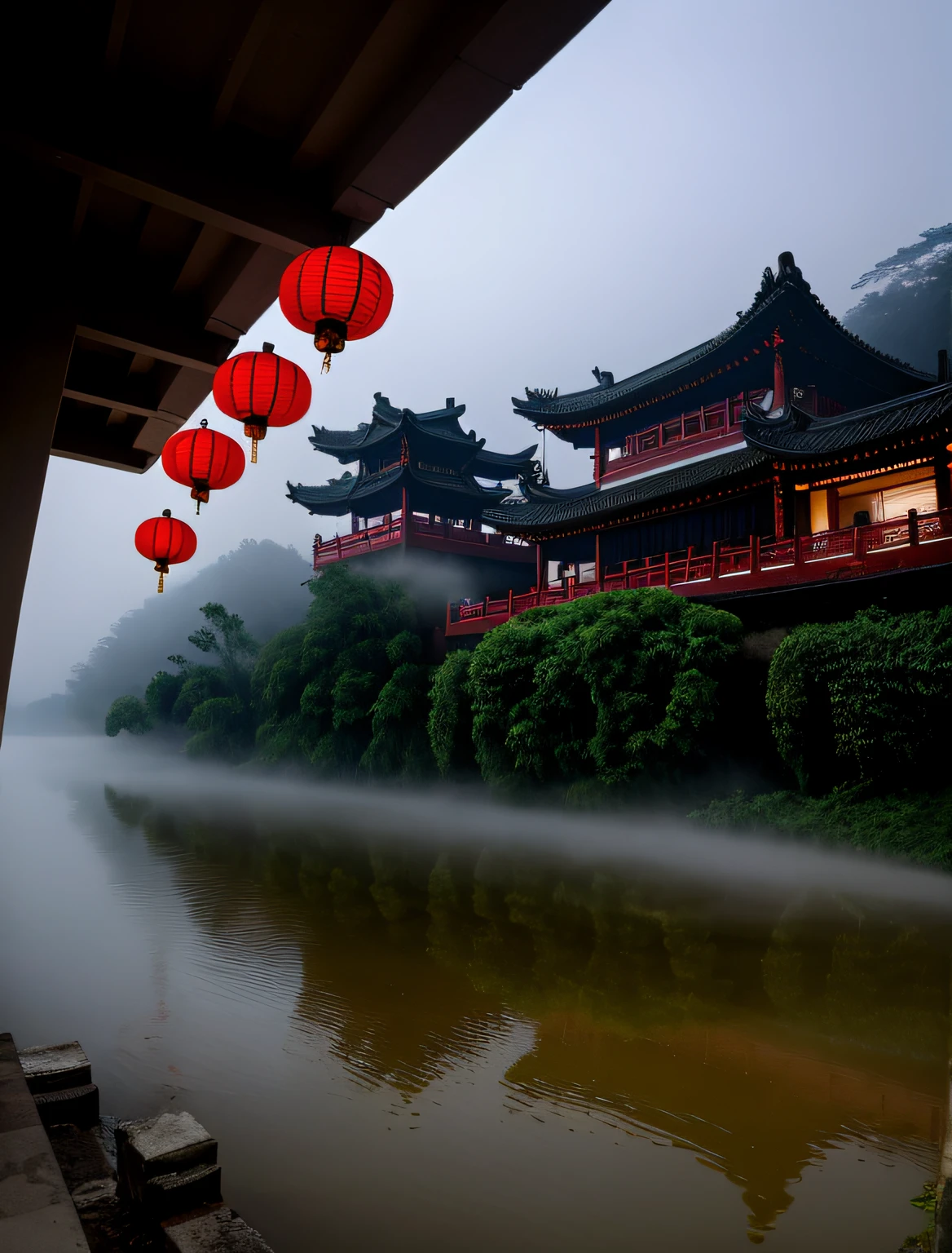 there are two red lanterns hanging over a river in the rain, mist floats in the air, mist from waterfall, misty and raining, dreamy Chinese towns, Beautiful and mysterious, gloomy foggy atmosphere, mist and rain, gloomy and foggy atmosphere, water fog, Beautiful environment, mystical lake view vista, misty ominous atmosphere, Like《bladerunner》The scene unfolds beneath a , foggy water