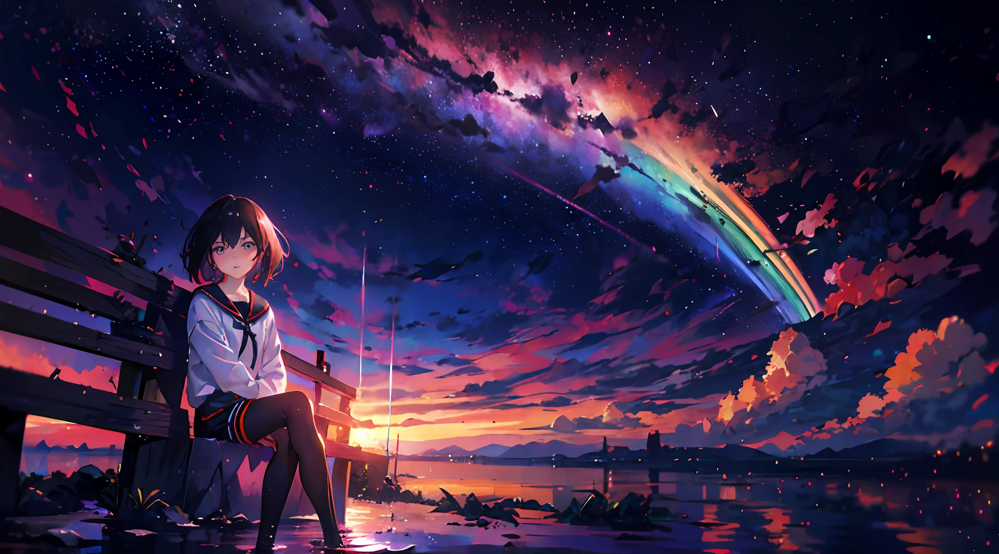 animemanga girl（The expression is indifferent，The face is cute and fresh）standing in water，The background is a rainbow, Cosmos Sky.  sitting on the cosmic cloudscape, Anime art wallpaper 8 K, Anime art wallpaper 4 K, Anime art wallpaper 4k, Makoto Shinkai Cyril Rolando, 4K anime wallpaper, style of anime4 K, Anime wallpaper 4k, Anime wallpaper 4 k