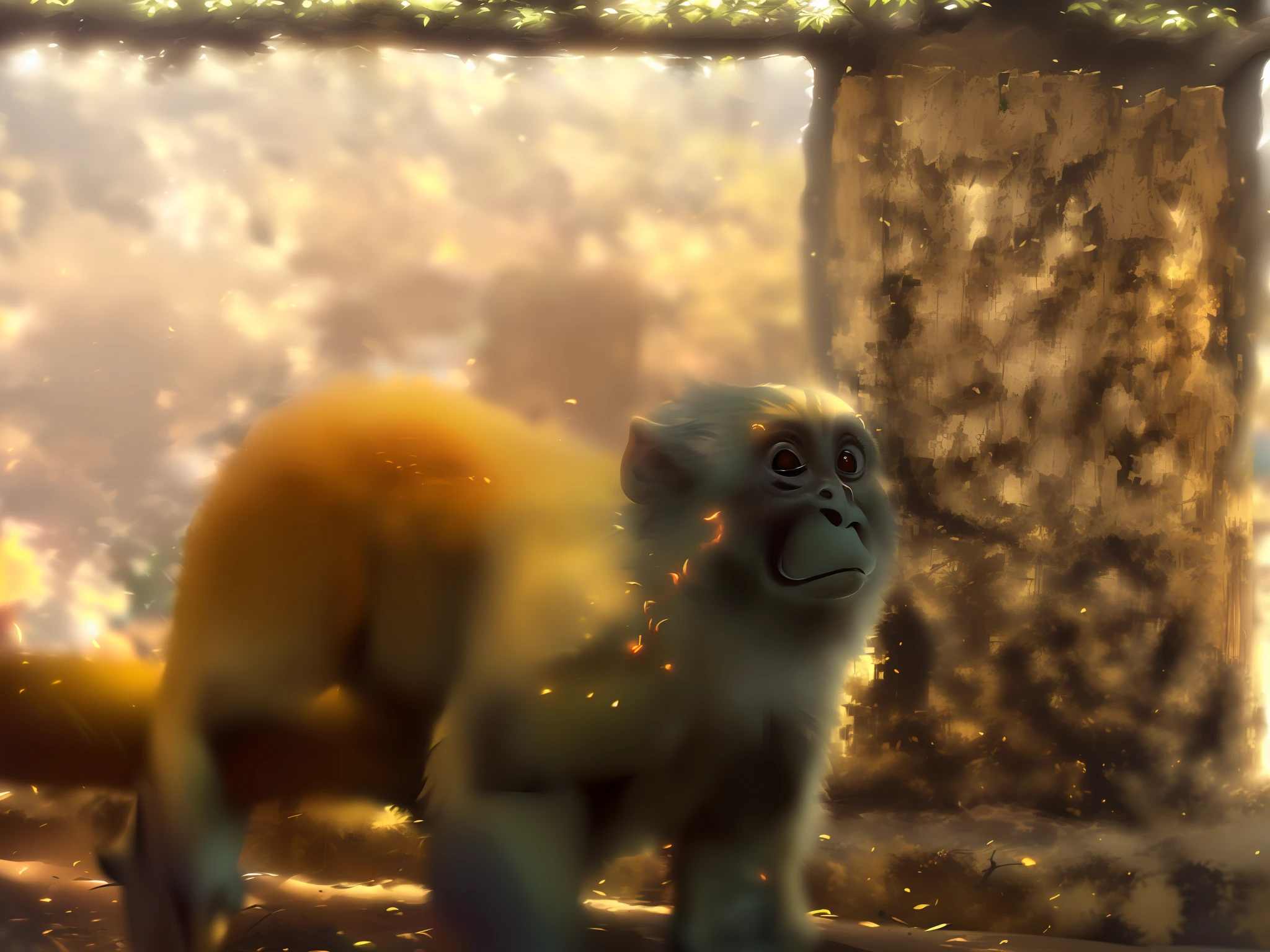 Realistic animal photos,Monkeys are trick-or-treating,Look at the camera curiously,Like a monkey in an alien base。Staring at curious eyes,The limbs of this humanoid fantasy race are displayed。standing under a tree,face like monkey。
