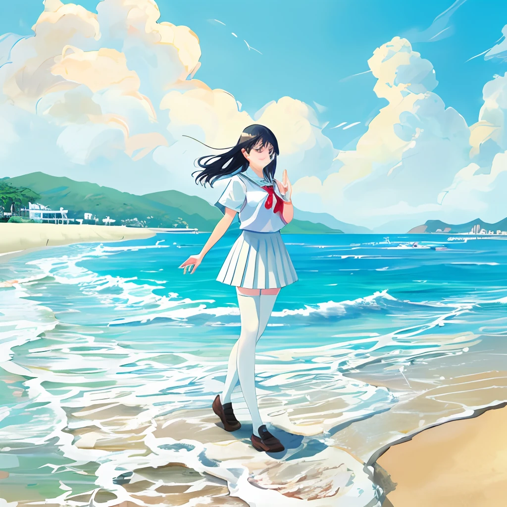 girls,Whole body diagram,White stockings,beachside,adolable