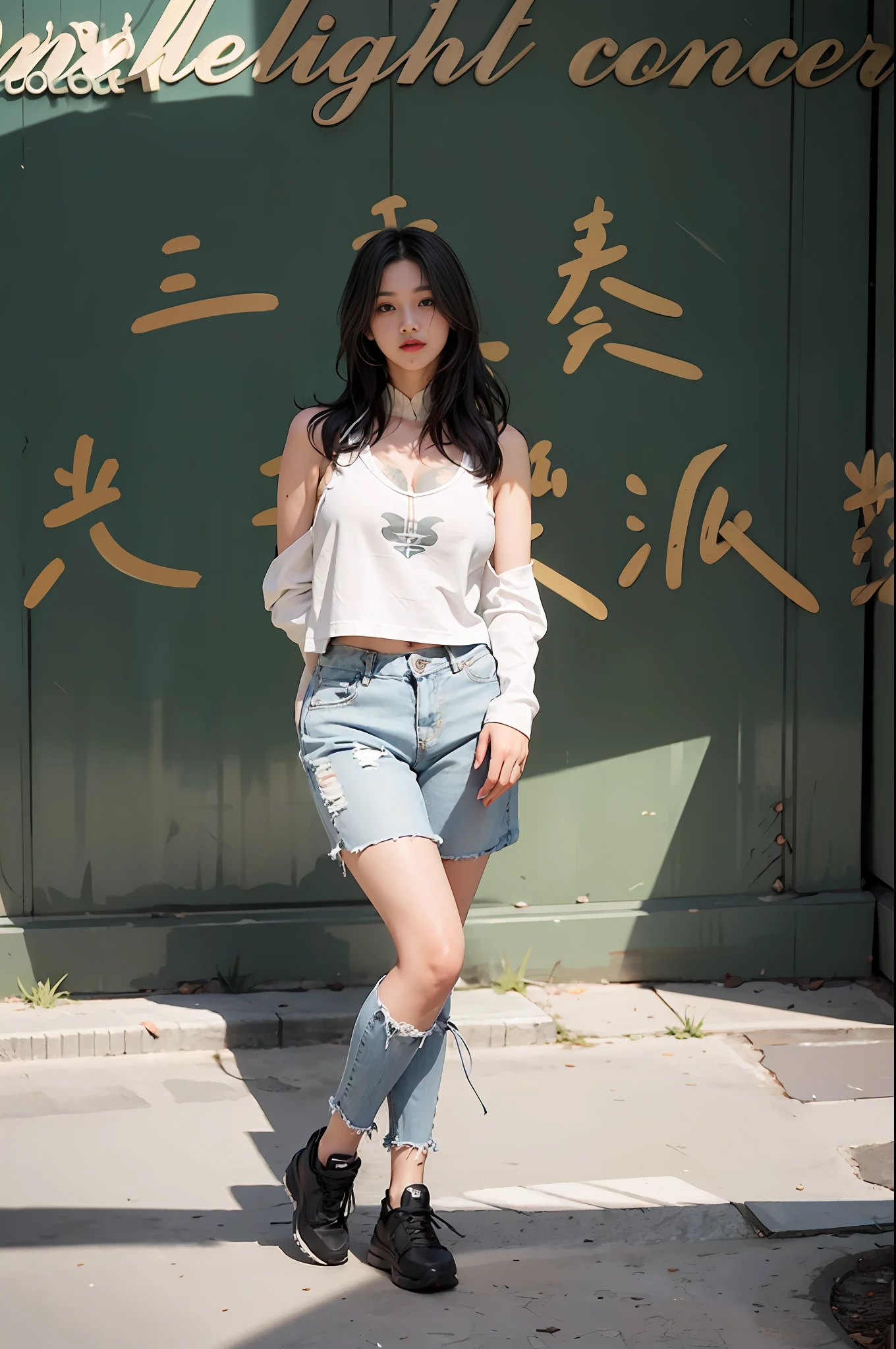 Girl posing for photo in white bra and tight denim, upper body, with cropped t-shirt, bra and streetwear, slim figure, oversized bust, slim girl model, 24 year old female model,
