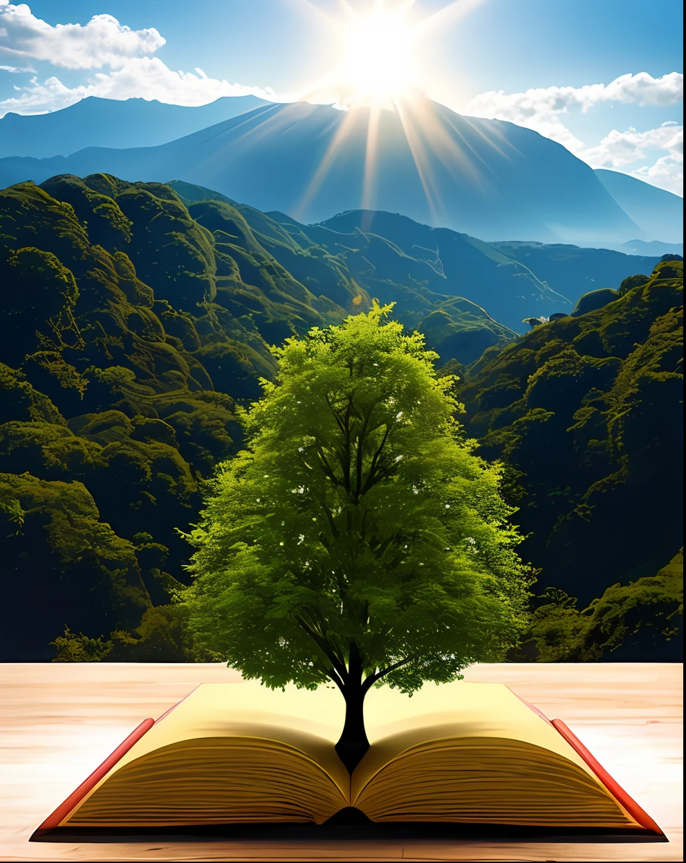 Um livro sobre um gramado,um livri aberto,a tree coming out of the book, green tree, Strong and beautiful tree,esta de dia,o sol ilumina a. Trees and shades the tree,