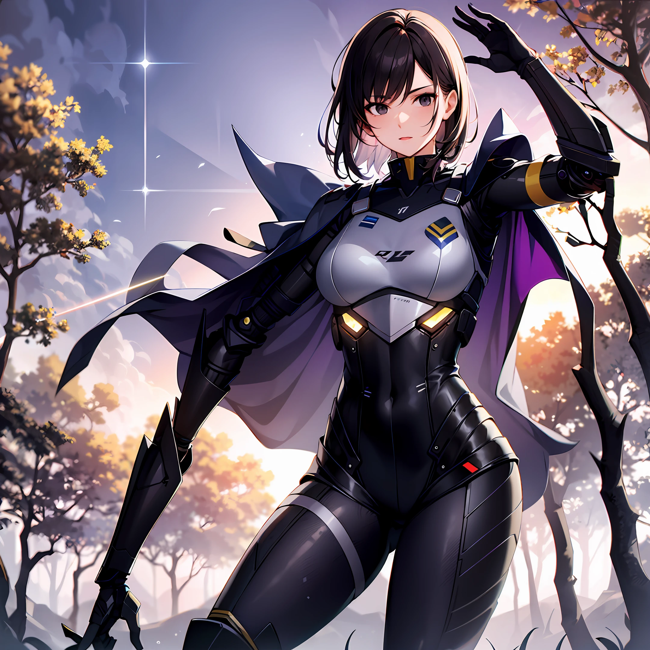 Sci-fi woman, clones, multiple clones, dark hair, black eyes, power armour, skintight, soldier, combat pose, lasers, alien planet, purple sky, forest, uniforms, banners, capes, epic
