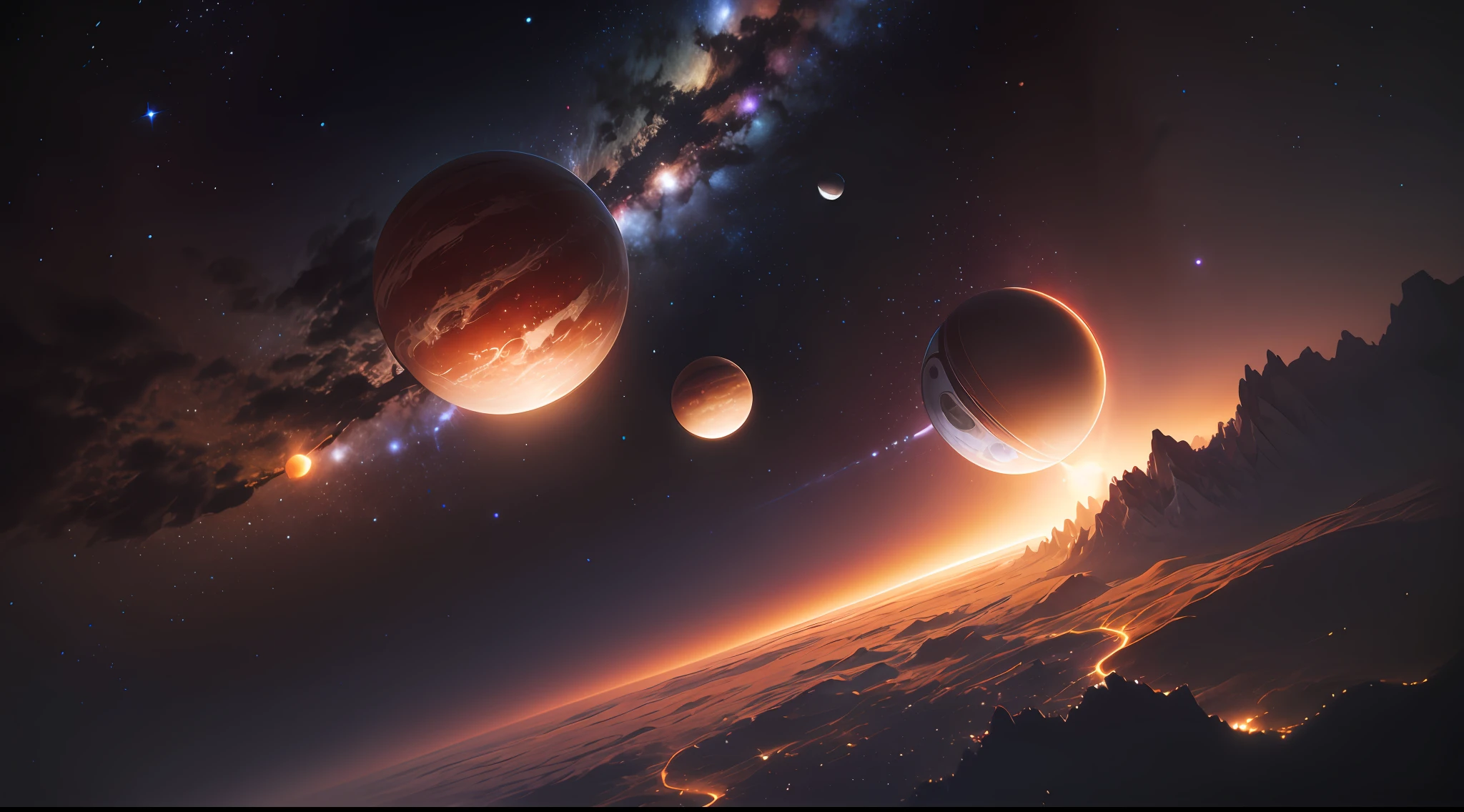 (extremely detailed CG unity 8k wallpaper, obra prima, melhor qualidade, ultra-detalhado), best ilumination, melhor sombra, An extremely delicate and beautiful representation, A complete solar system in a cosmic vision, ressaltando particularmente o planeta Terra, A top-down view, with fracture lighting to highlight the diversity and beauty of the planets in contrast to the dark of space. --auto