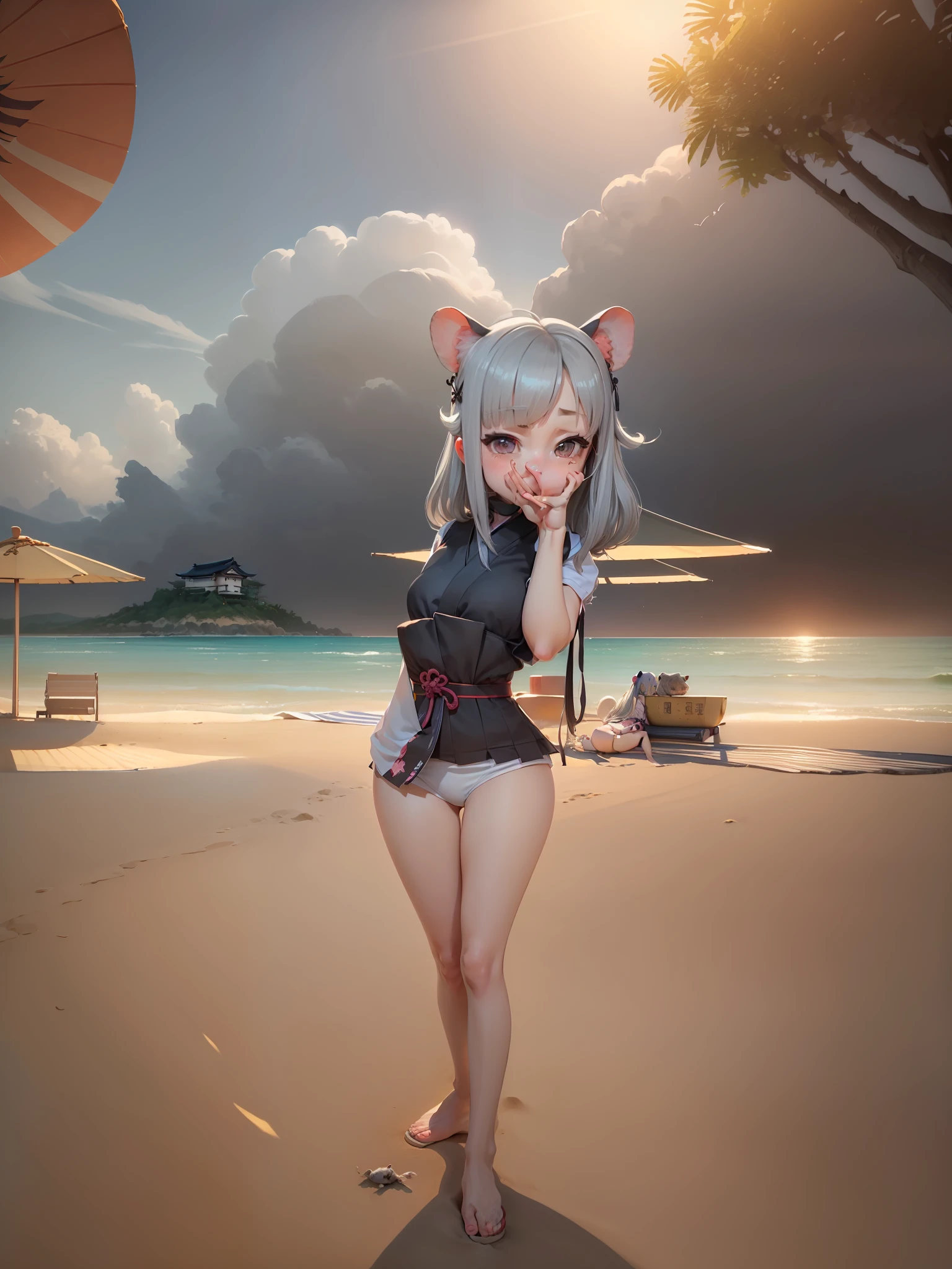 ((Cute girl:1.5),(Japanese Vtuber:1.4), (Gray hair:1.3), (Hamster ears:1.2), bikini, (Beach:1.3)), sitting, showing the soles of the feet, (Relaxed:1.2).