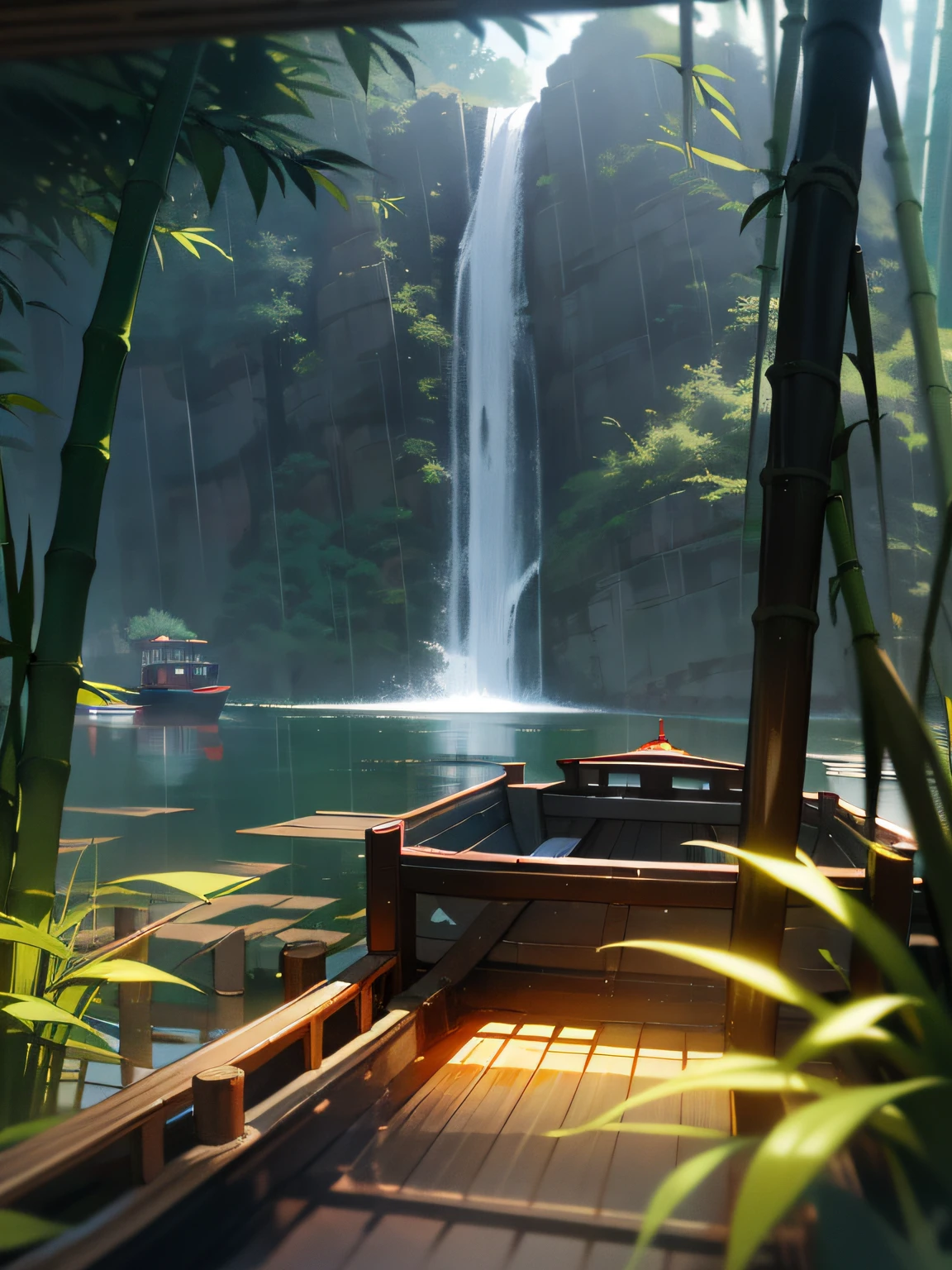 There is a boat that is traveling down the river，The background is a waterfall, on a boat on a lake, the photo was taken from a boat, zhangjiajie national forest park, zhangjiajie in early morning, In a rainy environment, 4 0 9 6, sitting in a small bamboo boat, Beautiful environment, long exposure 8 k