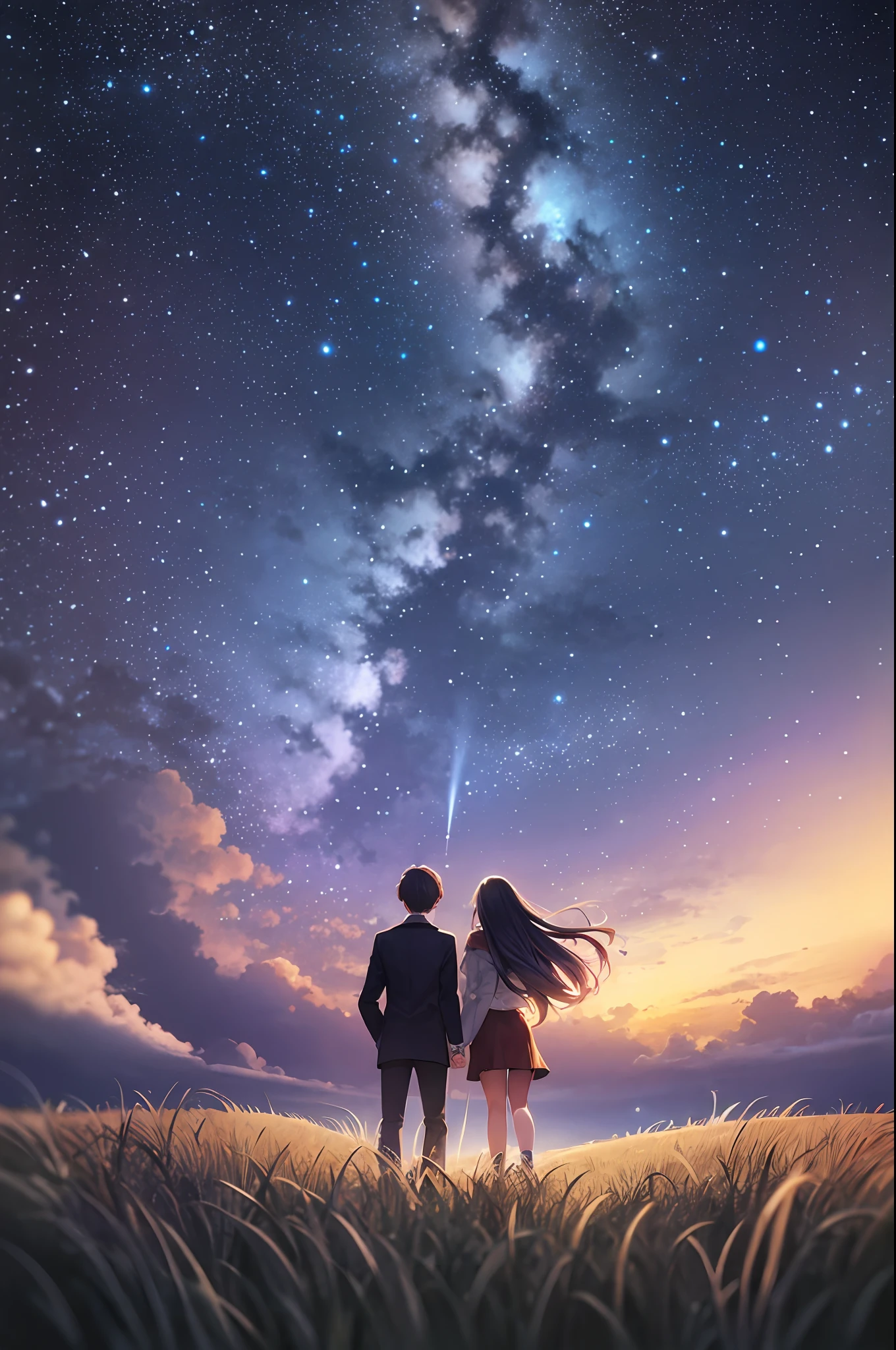 Violet-blue starry sky,Faraway view,Couple holding hands