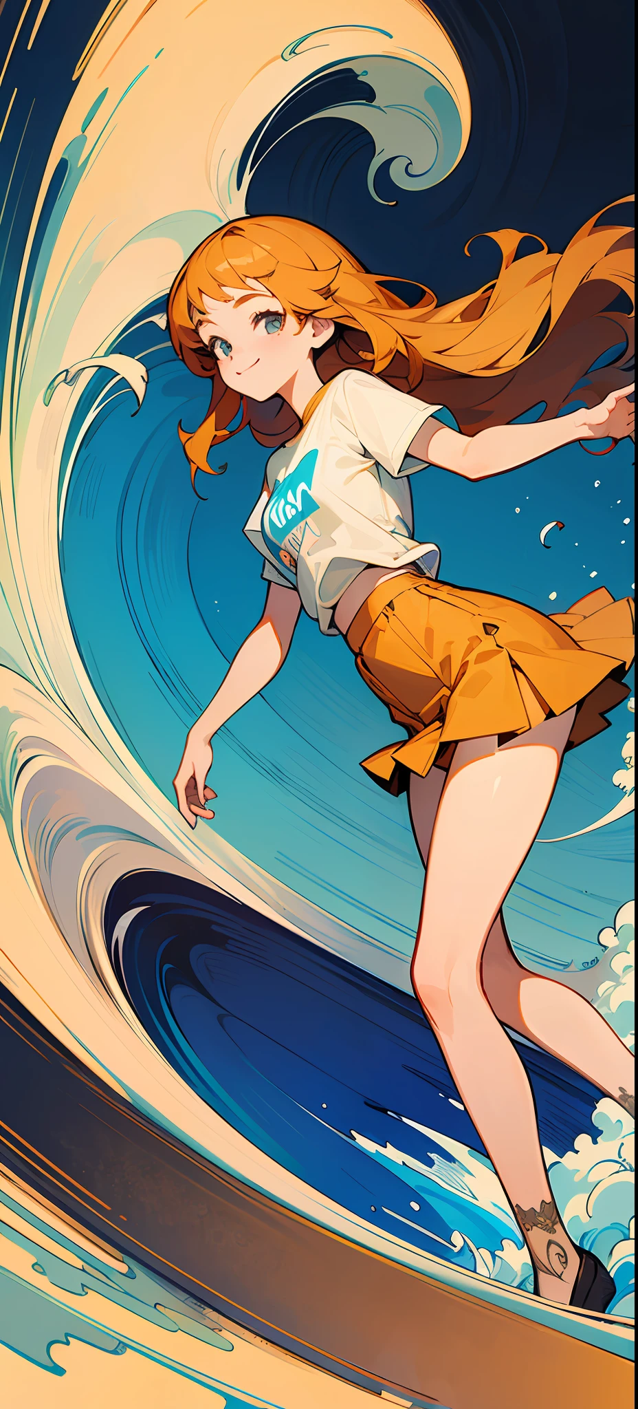((masterpiece,ultra-detailed, intricate details, mid quality,illustration)),1girl, solo, highres, looking viewer, long hair, Waves roll, smiling, tee shirt, Wear stockings, wearing short skirt, feminine , Competent, The beautiful, Detailed pubic hair, a mature female,Lift the skirt