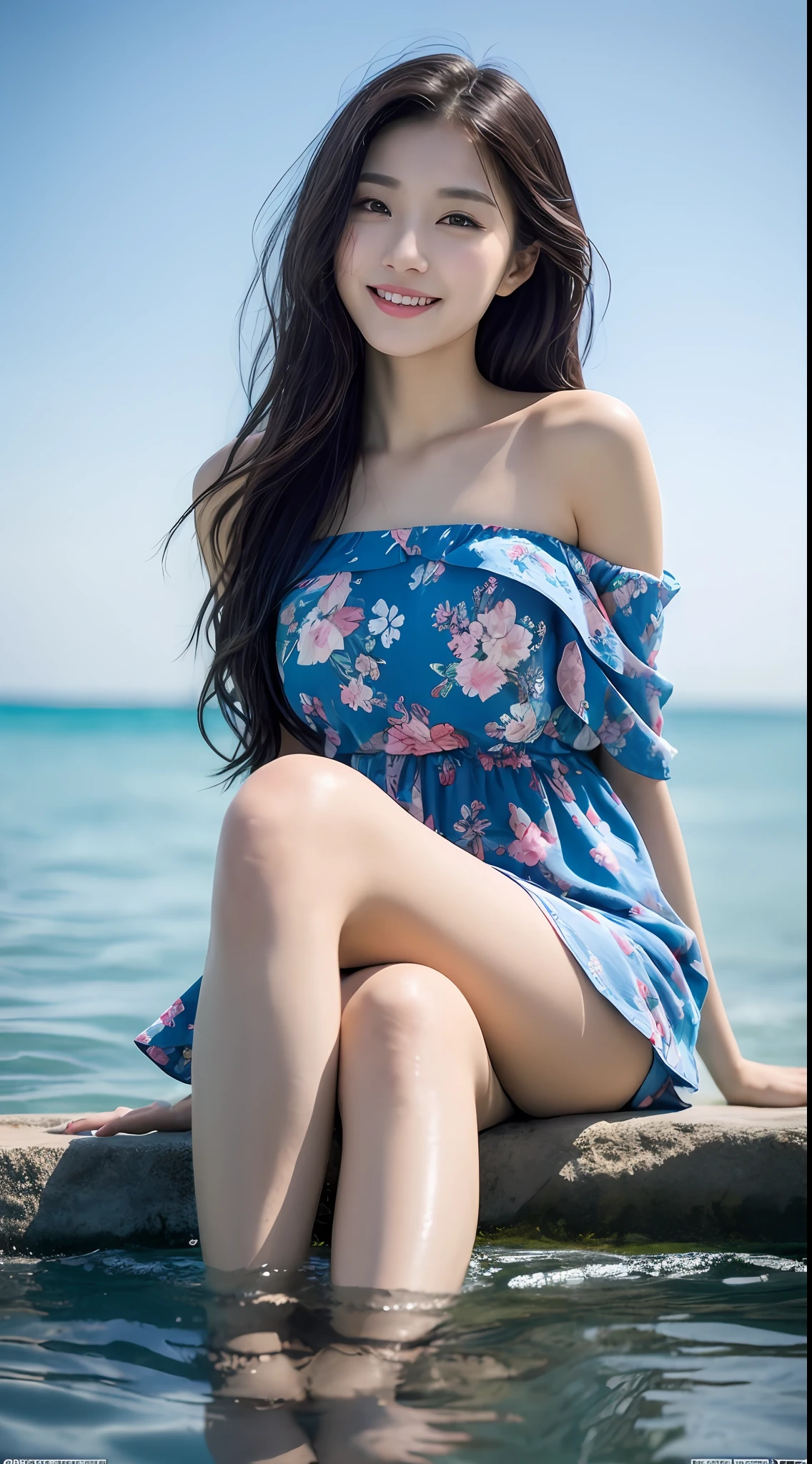 ((Top Quality,8K,tmasterpiece:1.3)),focal:1.2,Perfect beauty:1.4,Essential,hindquarters:1.2,((Layered Hair Style,nedium breasts:1.2)),(wetclothes:1.1),(sun setting,the ocean:1.3),Off-the-shoulder floral dress:1.1,Highly Detailed Face and Skin Textur,Narrow eyes,二重まぶた,Whitens the skin,rnlong hair,(Keep one's mouth shut:1.3),Smile with,The beauty is unreal,Hairstyling design,Sitting in the ocean,Long legs,The Ocean Splash character has no other elements,(Best quality),(Ultra-detailed),(Masterpiece),(the wallpaper),looking at viewert,Delicate details,Bright eyes,light in face,Cinematic lighting,Sexy figure,Perfect body proportion,Blush,Black hair,Floating hair,(Long hair:1.3),fake smile,Bed,Absolute field,Smooth skin,Expose legs,Full body, ,Unity 8k wallpaper,Ultra detailed,Beautiful and aesthetic,Beautiful,Masterpiece,Best quality,,Lying,group picture,Sit in the water,