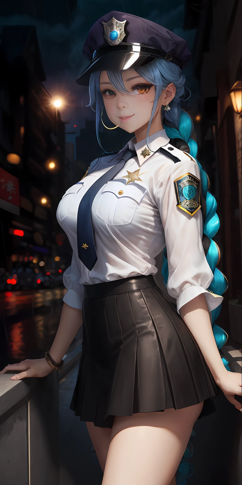 ,(tmasterpiece:1.2,high high quality),(pix:1.4),AGM,
1girll, 独奏,Large Thigh, Hats, pigtails, arms cuffs, garterbelt, blue hair, tiese, The long-haired, Double up braid, The shirt, white shirt, banya, looki at viewer, a skirt, longer sleeves, inner strength, red eyes, Dragon's horn, Black tiara, coda, hair adornments,big cleavage breasts, Leaning forward, black necktie, two-tone background, hand on own thigh, fundo vermelho, cowboy lens, collared shir, By bangs, Keep one's mouth shut, police hat, a black skirt, Harnes, halter, police uniforms, police officers, Dragon Girl, Dragon tail, shortpants, chens (arknight), double tails, Large Thigh, 校服, Policewoman, Hair between the eyes, ssmile, Rainy night background, mini-skirts, armlets, florals, ssee-through --auto