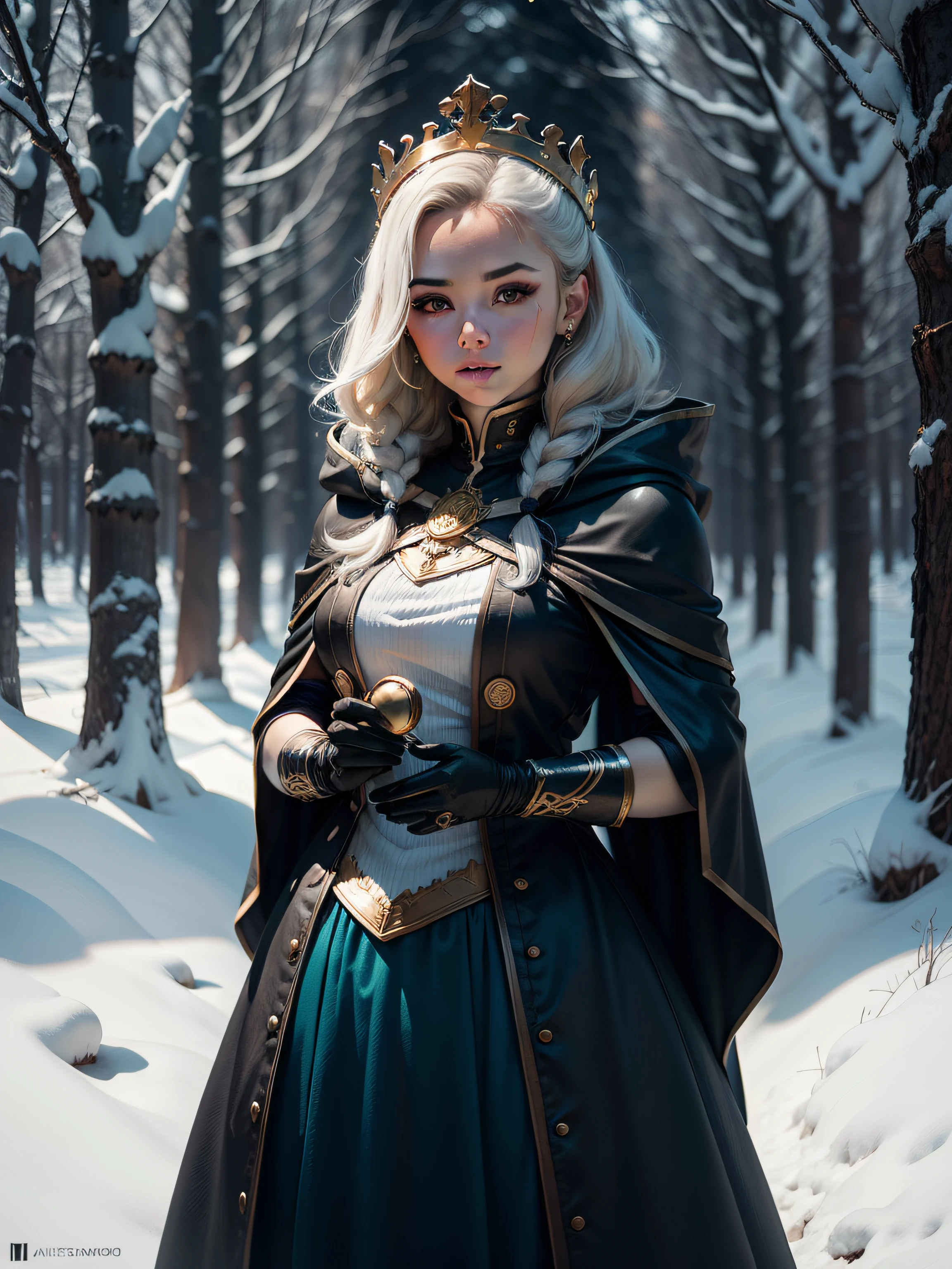 Woman with an ice tiara on her head and a navy blue winter cloak with golden details, broche de floco de neve. longos cabelos pretos. rainha do inverno, princesa elfa, retrato de uma rainha elfa, rainha elfa, princesa inverno, uma rainha elfa, artgerm em artstation pixiv, bela e elegante rainha elfa, corpo inteiro. Standing in the snow in front of a large icy castle. Personagem de RPG. Era medieval. Mulher elfa. Elfa de cabelos ruivos. Olhos azuis. Elfa da floresta. Elfa Guerreira da floresta. Elfa arqueira. Arqueira medieval. Arco e Flecha. Organic Amadura. Armadura verde musgo. soft ilumination. Standing in the middle of the forest. Floresta densa. Cogumelos bioluminescentes. fantastical setting. Luz do dia. Luz solar. realces de cores quentes. Paleta verde azul e amarelo. RPG Character design. modelo ig | artgerm, :: rossdraws, obra de arte no estilo de guweiz, extremamente detalhada artgerm. corpo inteiro, fundo detalhado de um castelo, hiper detalhado, rosto detalhado, foto sincera POV, por lee jeffries, Nikon d850, filme fotografia de estoque ,4 kodak portra 400, F1 camera lens.6, cores ricas, hiper realista, textura realista, lighting dramatic, cinestill 800 (8k, Foto RAW, melhor qualidade, obra-prima: 1.2), ultra-detalhado, (pele altamente detalhada: 1.2), 8k UHD, DSLR, soft ilumination, alta qualidade.modelo ig | artgerm, :: rossdraws, obra de arte no estilo de guweiz, extremamente detalhada artgerm. corpo inteiro, fundo detalhado de um castelo, hiper detalhado, rosto detalhado, foto sincera POV, por lee jeffries, Nikon d850, filme fotografia de estoque ,4 kodak portra 400, F1 camera lens.6, cores ricas, hiper realista, textura realista, lighting dramatic, cinestill 800