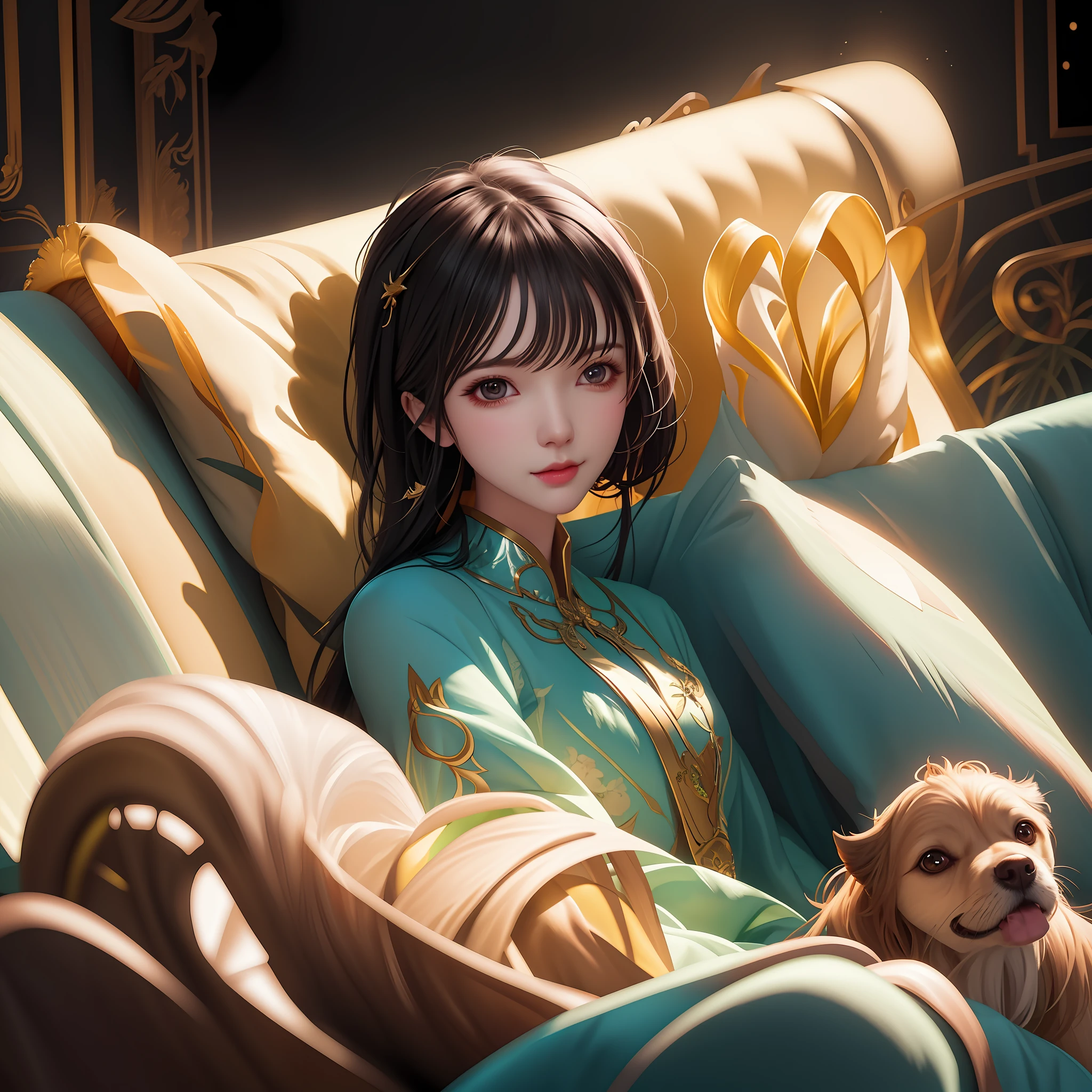 there is a woman sitting on a couch with a dog, Guviz-style artwork, In the style of Ross Tran, inspired by Ross Tran, Loish et WLOP, author：ross tran, Artgerm and Atey Ghailan, wlop and ross thran, Ross Tran 8 K, stunning digital illustration, ross tran and wlop