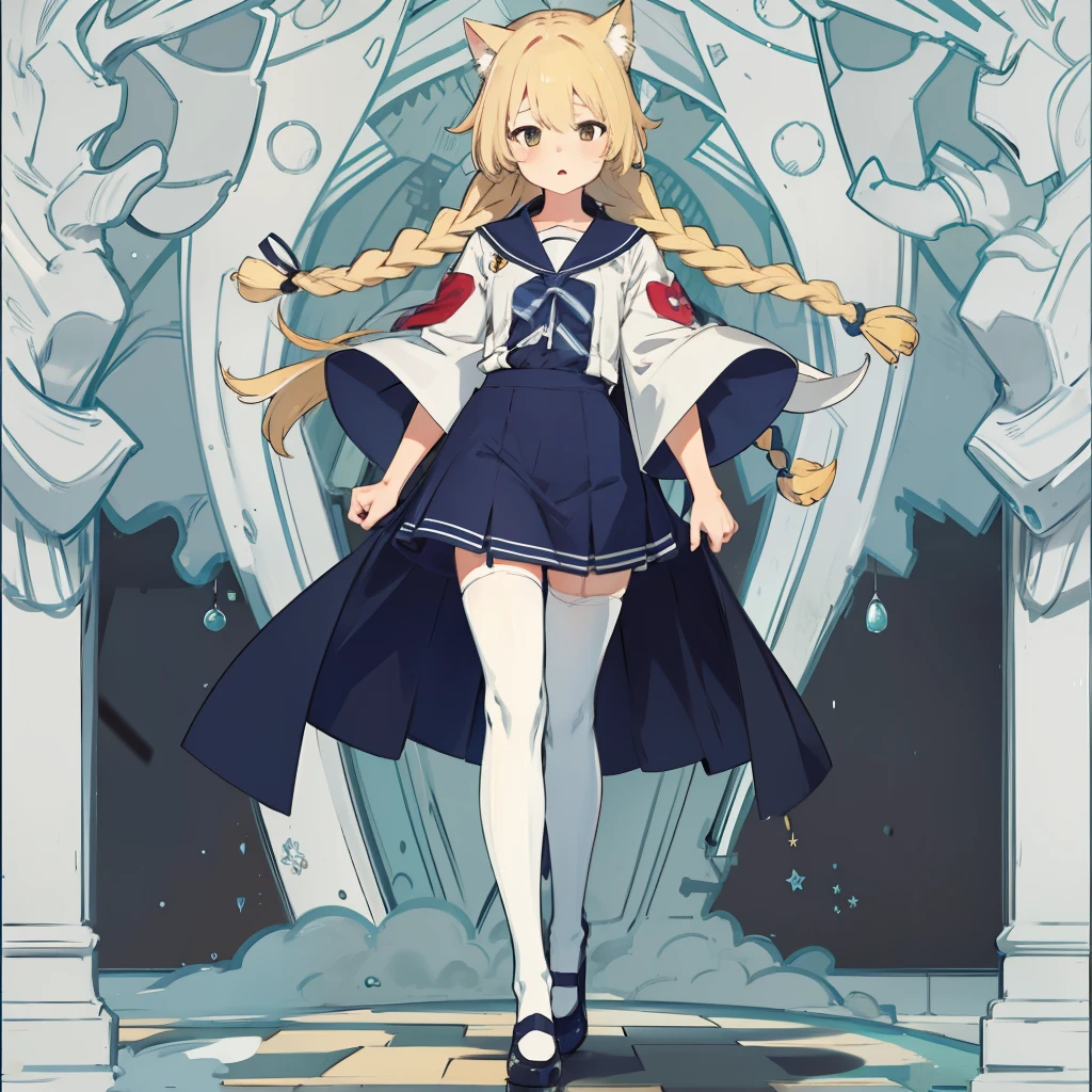 Blonde hair, Long hair with shawl and double long braids, anime illustrated, high qulity, JK sailor suit, Two-dimensional, Novel illustration, White suspender stockings, Beast-eared maiden, A princess, Stand upright, Full body photo, hyper HD, retinas, Masterpiece, ccurate, Anatomically correct, High details, Best quality, High quality, 8K，Long legs，cat ear，face expressionless，largeeyes，little mouth，high heelshuge