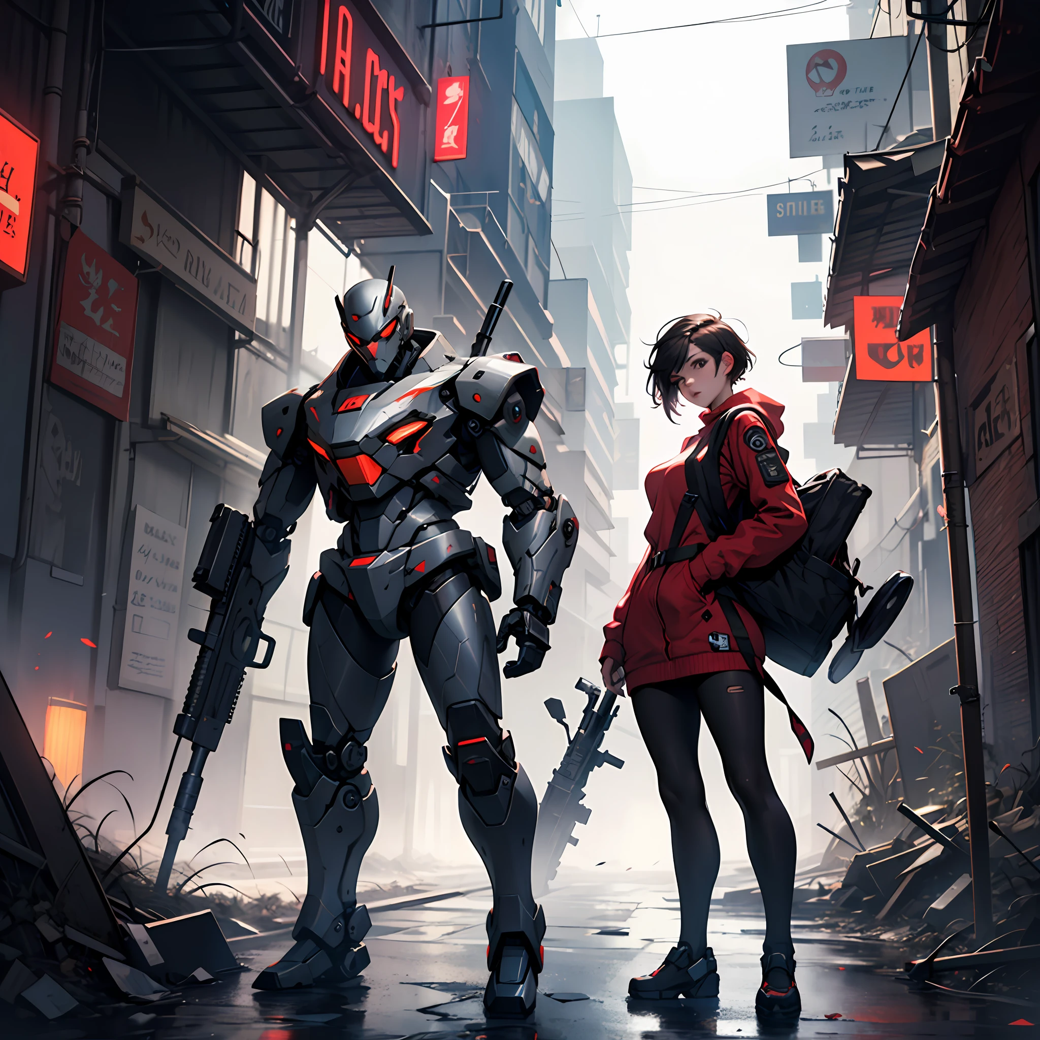 This is a CG Unity 8k wallpaper with ultra-detailed, high-resolution and top quality in cyberpunk style, dominated by black and red. In the picture, a beautiful girl with white messy short hair, a delicate face, wearing a steam mecha mask, standing on the ruins, behind her is a huge robot, and the action of a woman holding a heavy sniper rifle in her hand, --auto