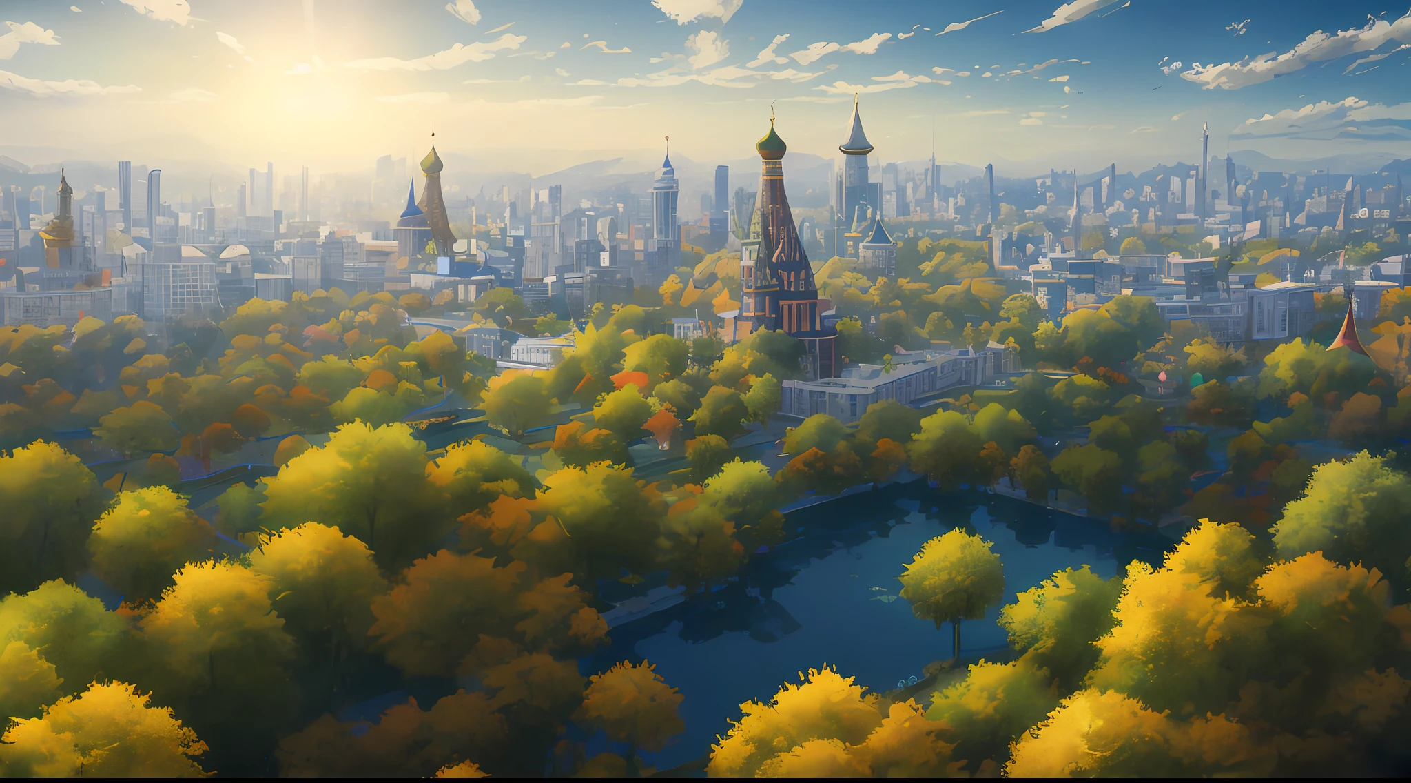 City of Moscow, kremlin, red square, Sunny day, illuminates the city , Russia, Large area, A lot of houses, moscow, high altitude, Up a lot of space under the magical trees, A city with magic and glowing houses, ((tmasterpiece)), (((beste-Qualit))), ((ultradetailed)), (That's amazing:1.1), extremely detailed 8K wallpaper, digital illustration art, detailed and intricate, many people, filled with exotic plants and animals, Sun light, seeping through the canopy, creating a spotty effect. In the style of Yoshitaka Amano and Hayao Miyazaki, tmasterpiece, proportional, Detailed, Popular at the art station, Beautiful lighting, an intricate, Award-winning, 4k, topquality, Award-winning, digital painting in the style of Yoshitaka Amano. Beautiful lighting and cinematic composition make this work a real masterpiece, Popular on ArtStation. monochromatic, tmasterpiece, beste-Qualit, hiquality, Extremely detailed CG unity 8k wallpapers, oil paiting, award-winning photo, bokeh, Depth of field, HDR, flowering, chromatic aberration, extremely detialed, trend on artstation, Trend of CGsociety, intrikate, higly detailed, dramatic, halfway art, voluminous lighting