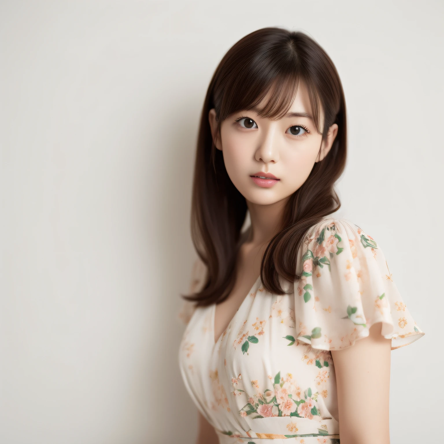White background、Floral dress、Japan female in her 20s
